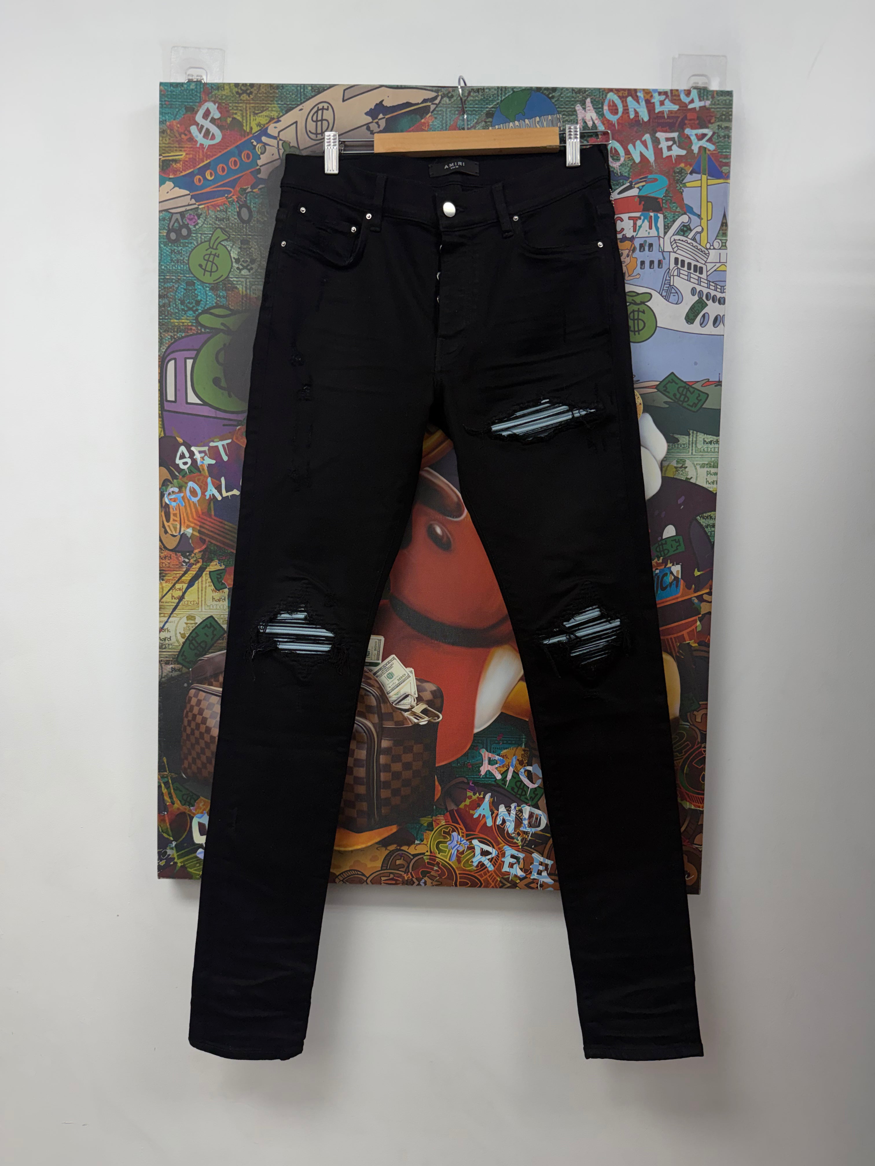 Amiri MX1 Black Baby Blue Suede Patch Jeans