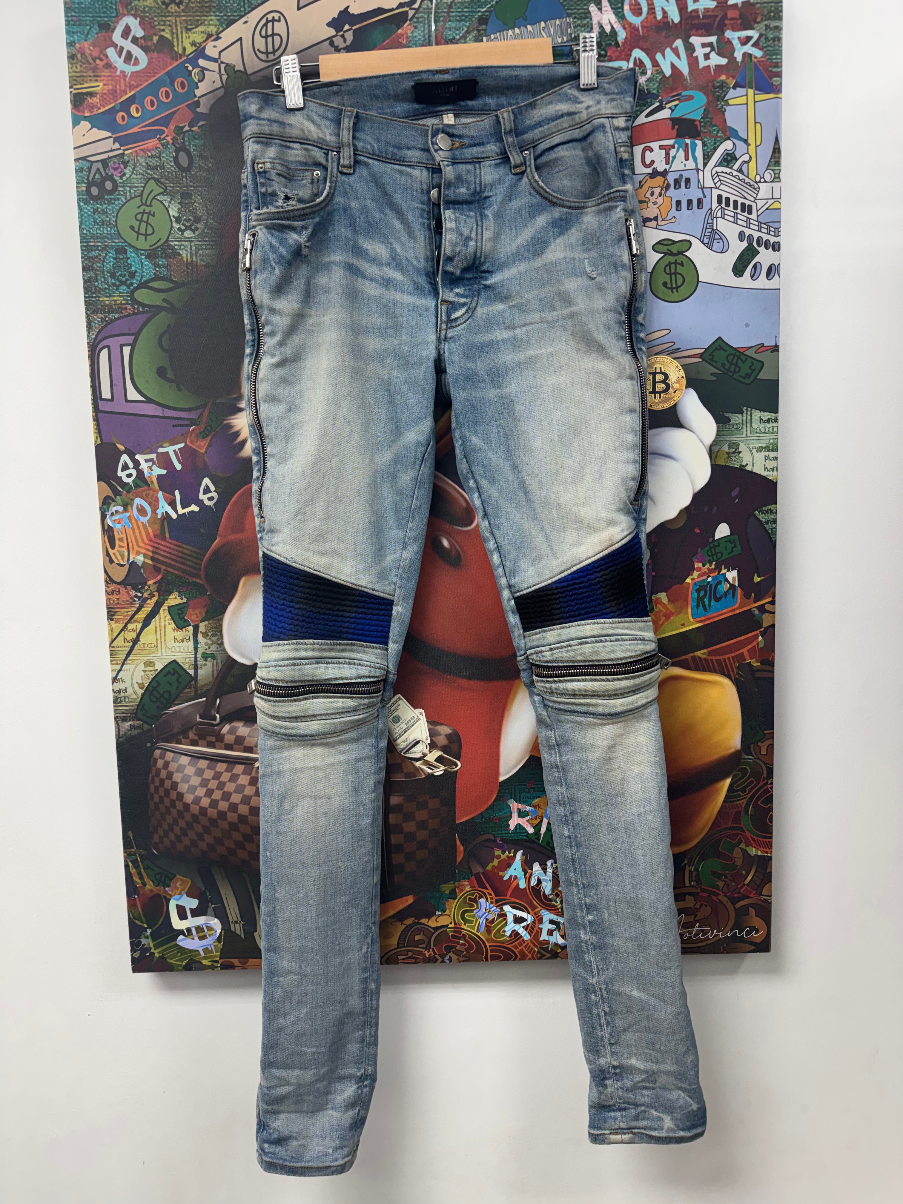 Amiri MX2 Light Wash BlackBlue Plaid Patch Jeans