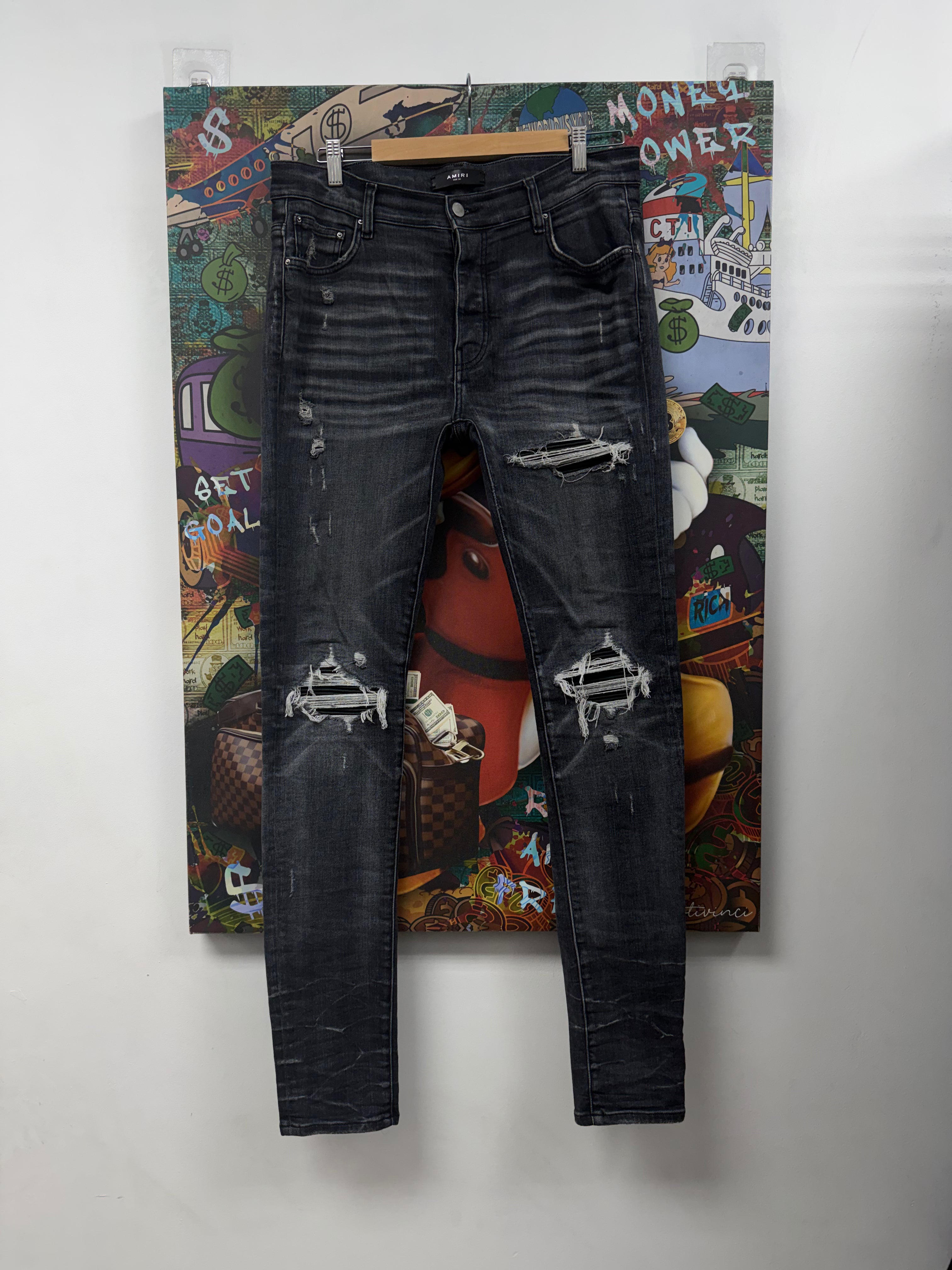 Amiri MX1 Storm Grey Black Leather Patch Jeans
