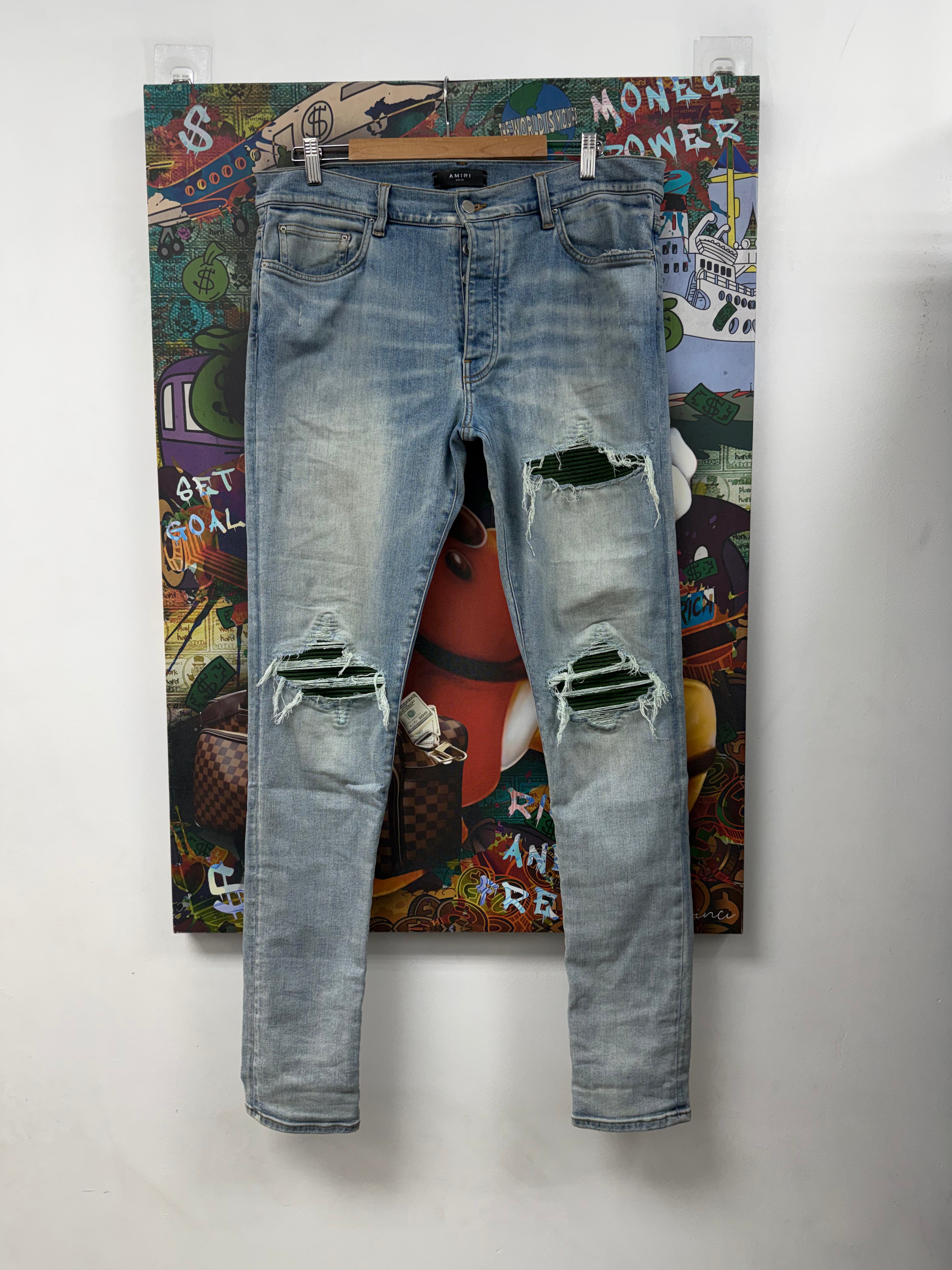 Amiri MX1 Light Wash Green Patch Jeans