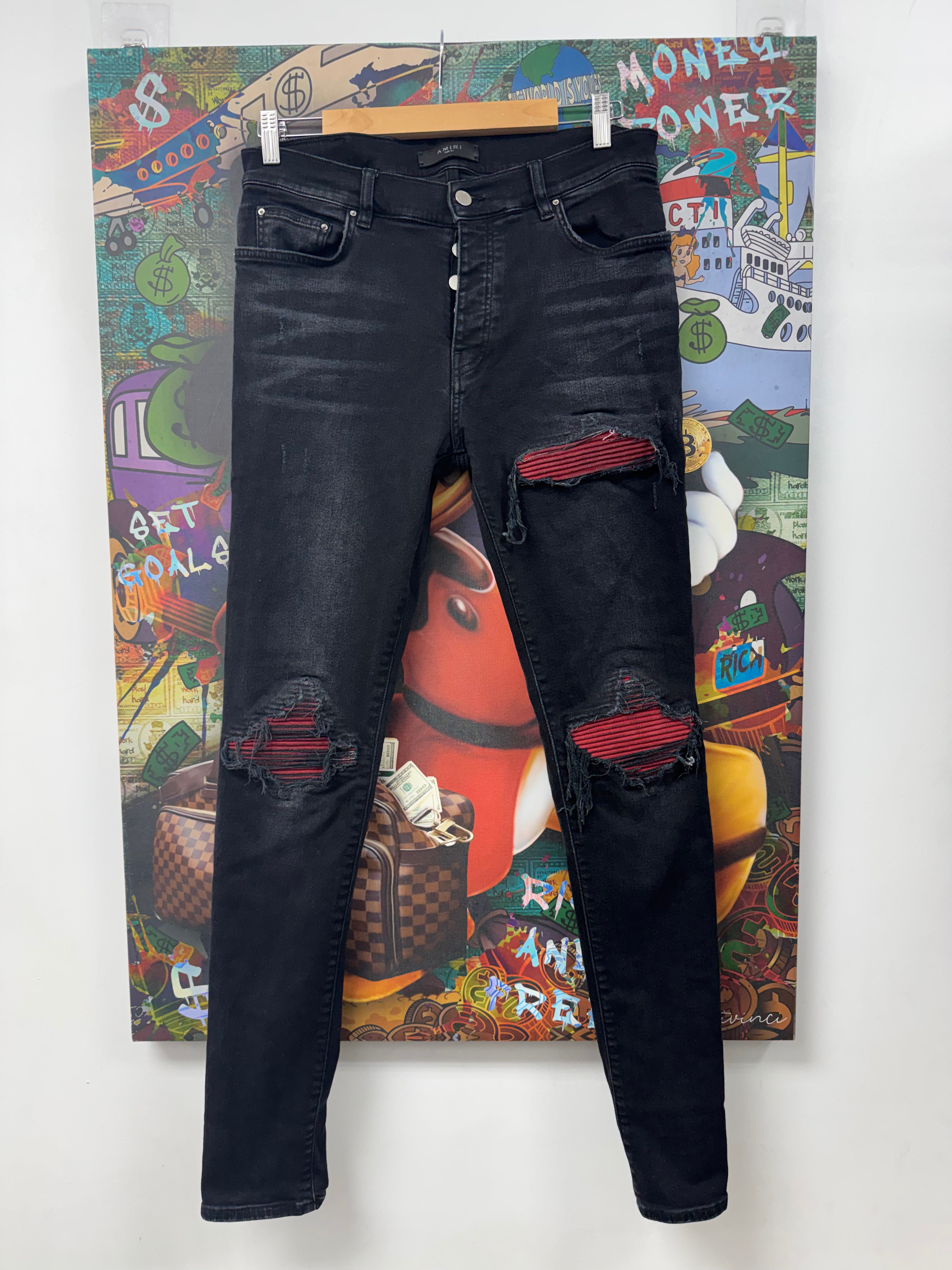 Amiri MX1 Black Wash Red Suede Patch Jeans