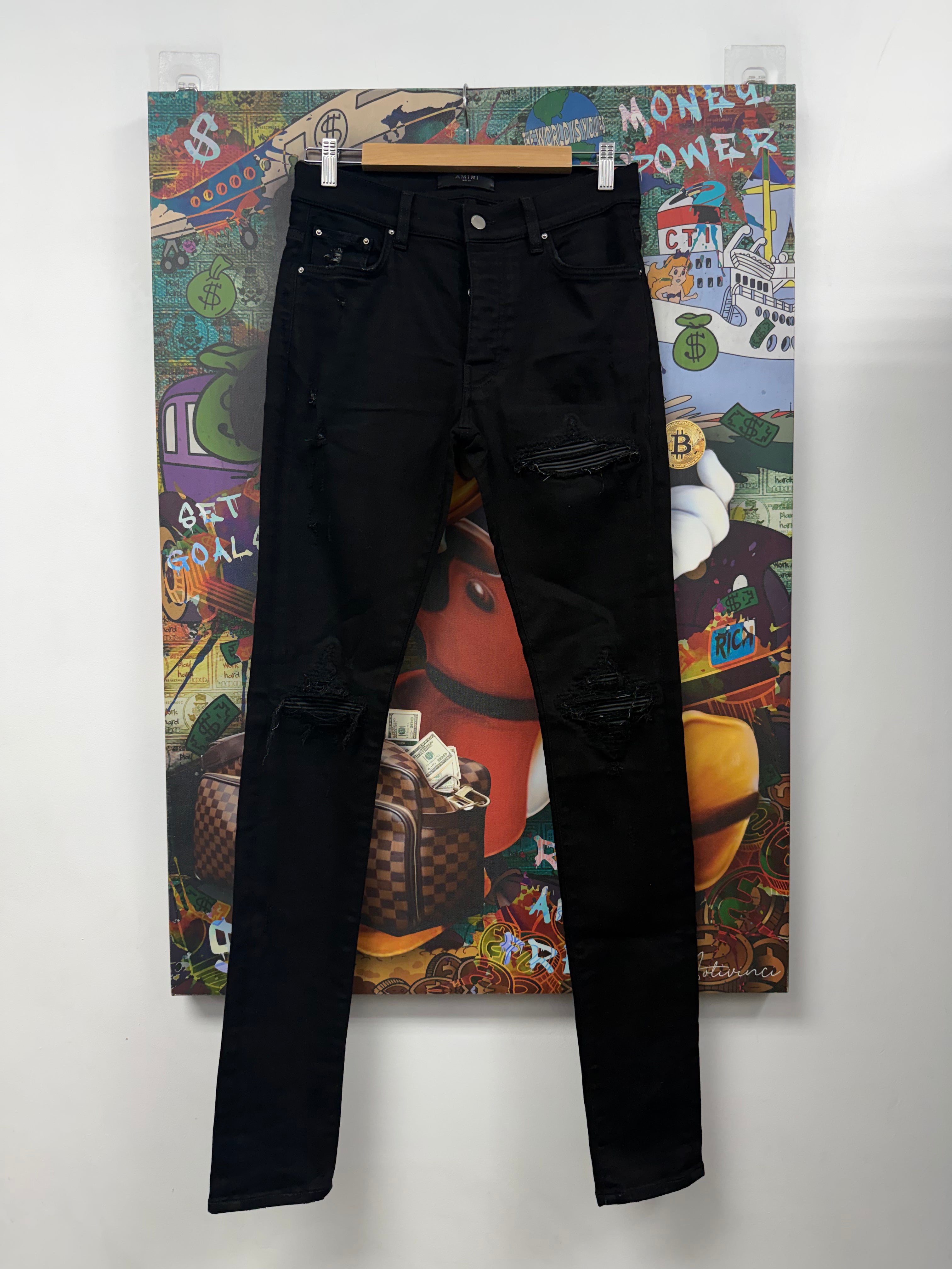 Amiri MX1 Black Black Leather Patch Jeans