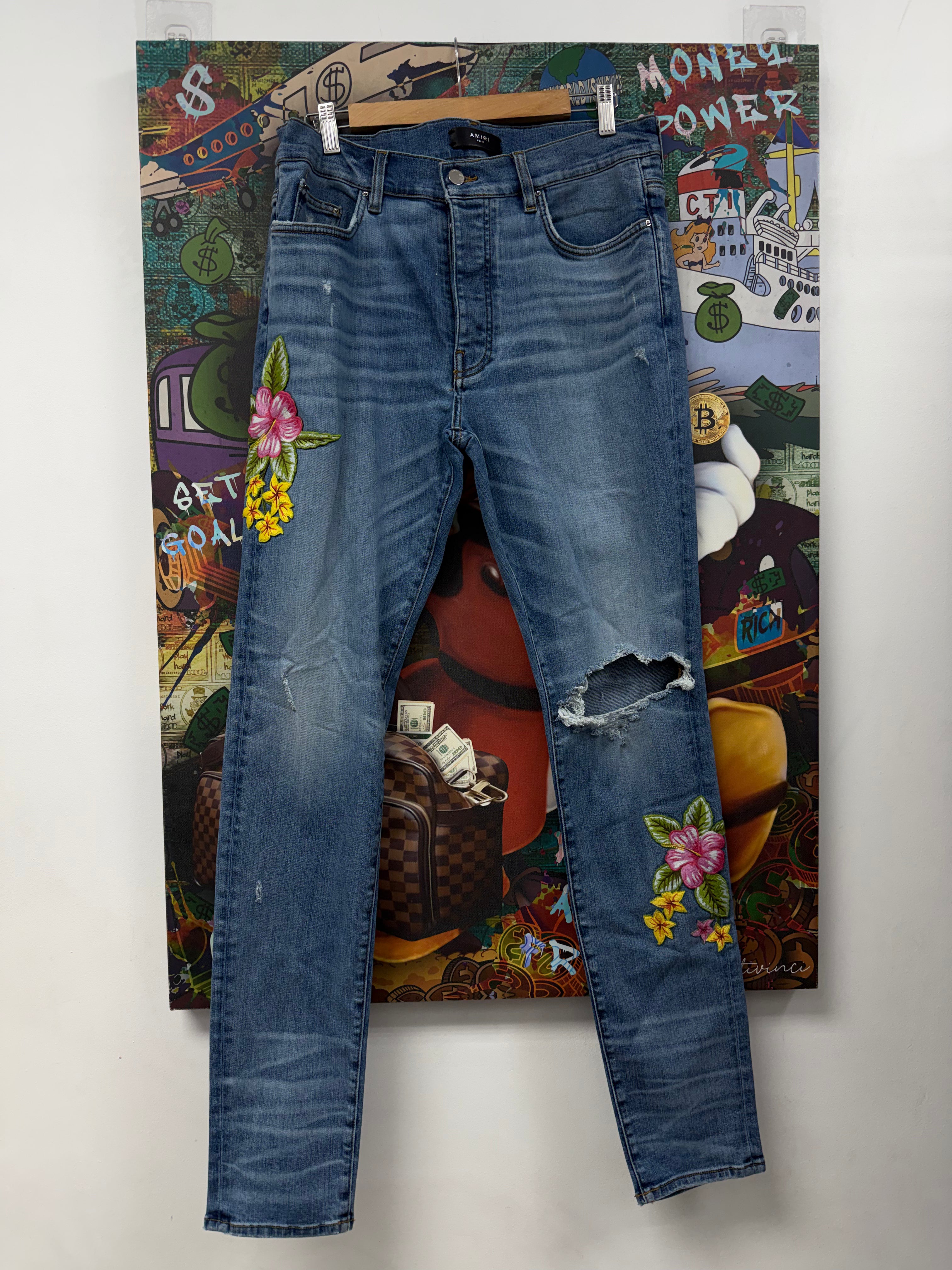 Amiri Light Wash Flower Patch Jeans
