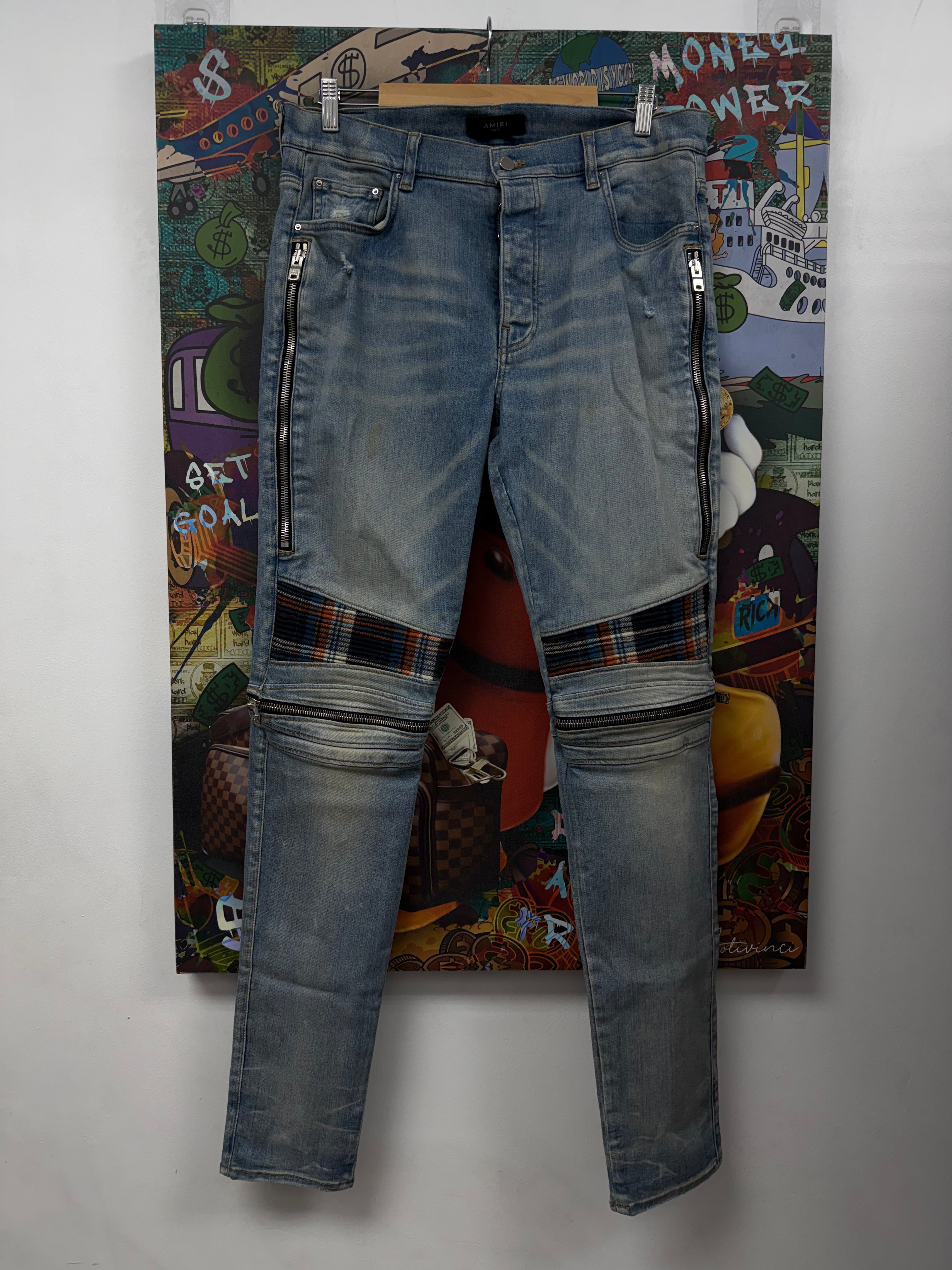 Amiri MX2 Light Wash Orange Blue Plaid Jeans