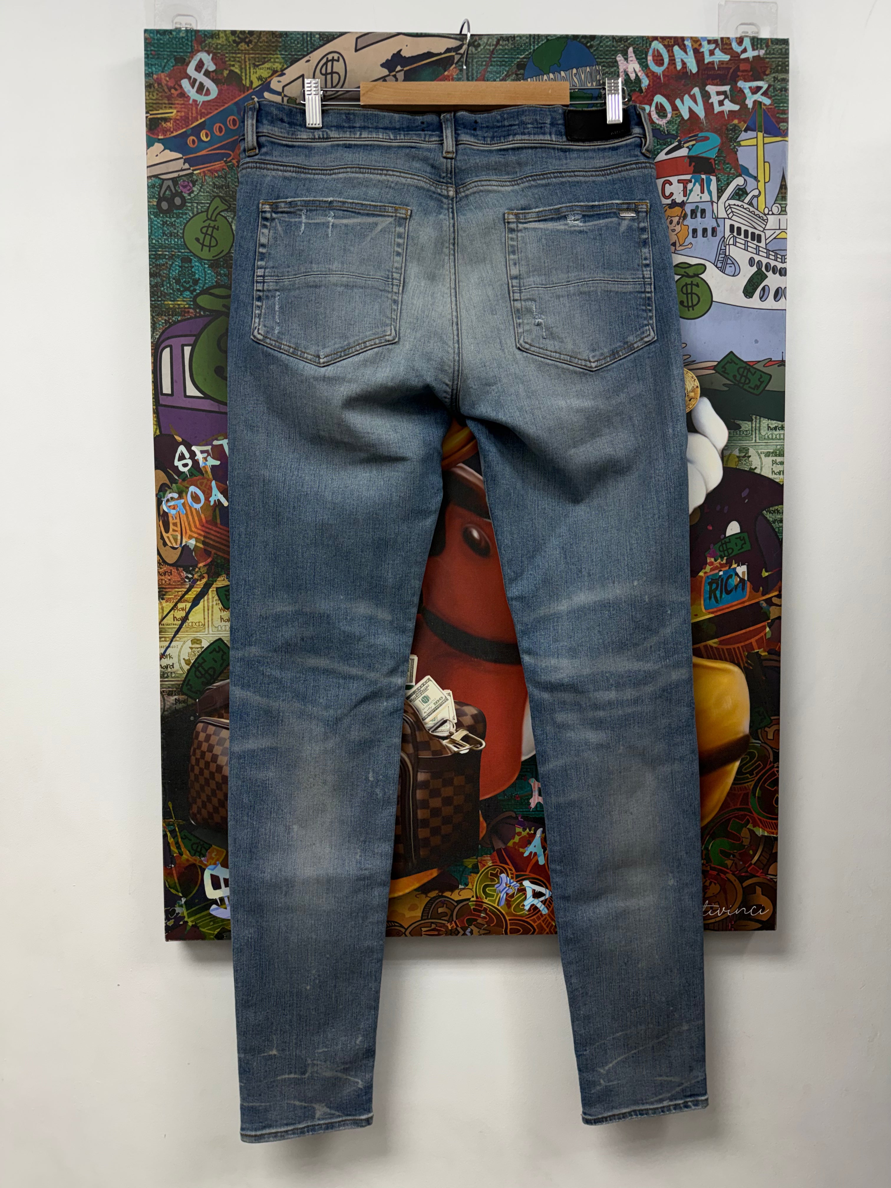 Amiri MX1 Light Wash Green Orange Plaid Patch Jeans