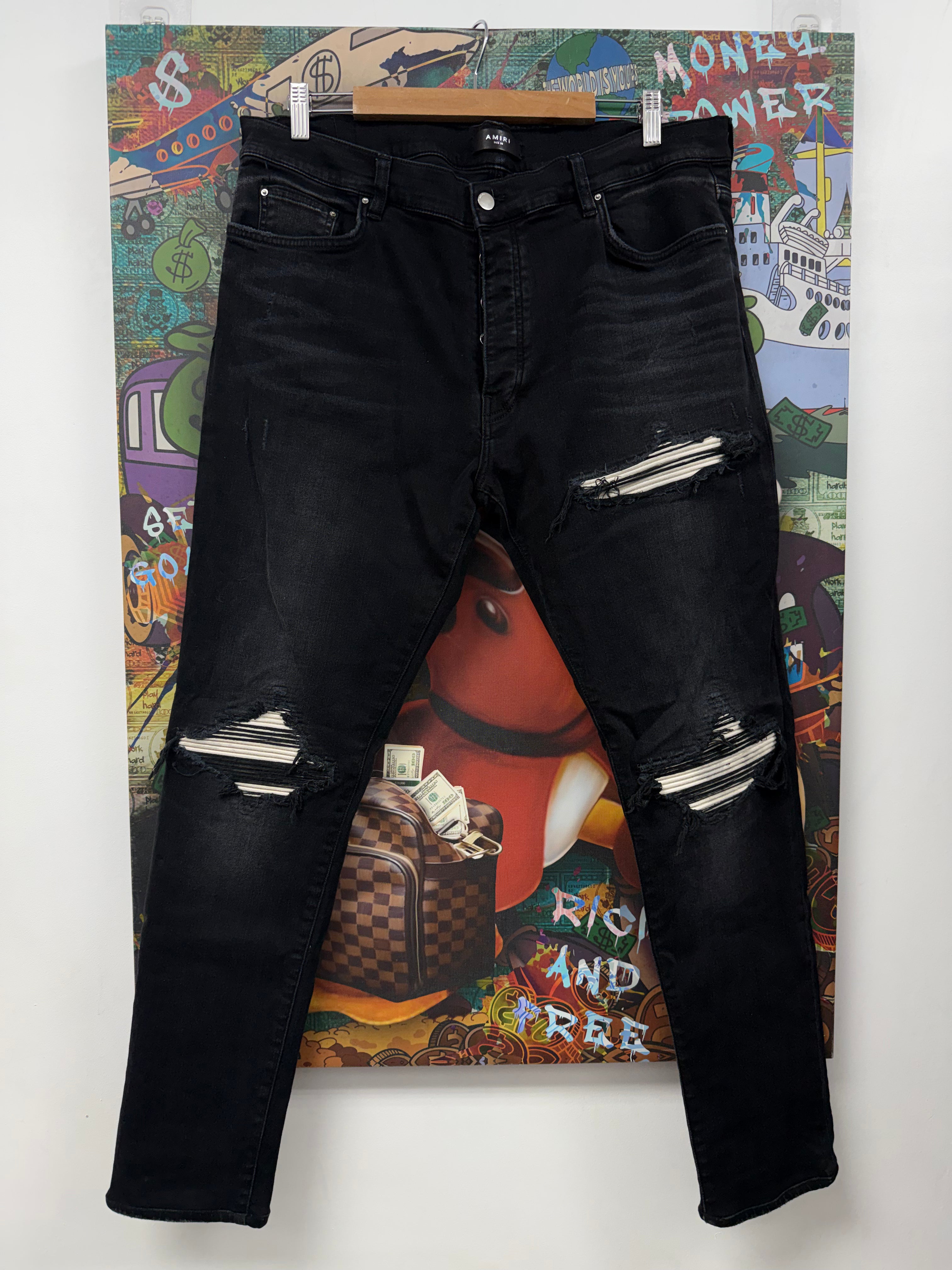 Amiri MX1 Black Wash White Suede Patch Jeans