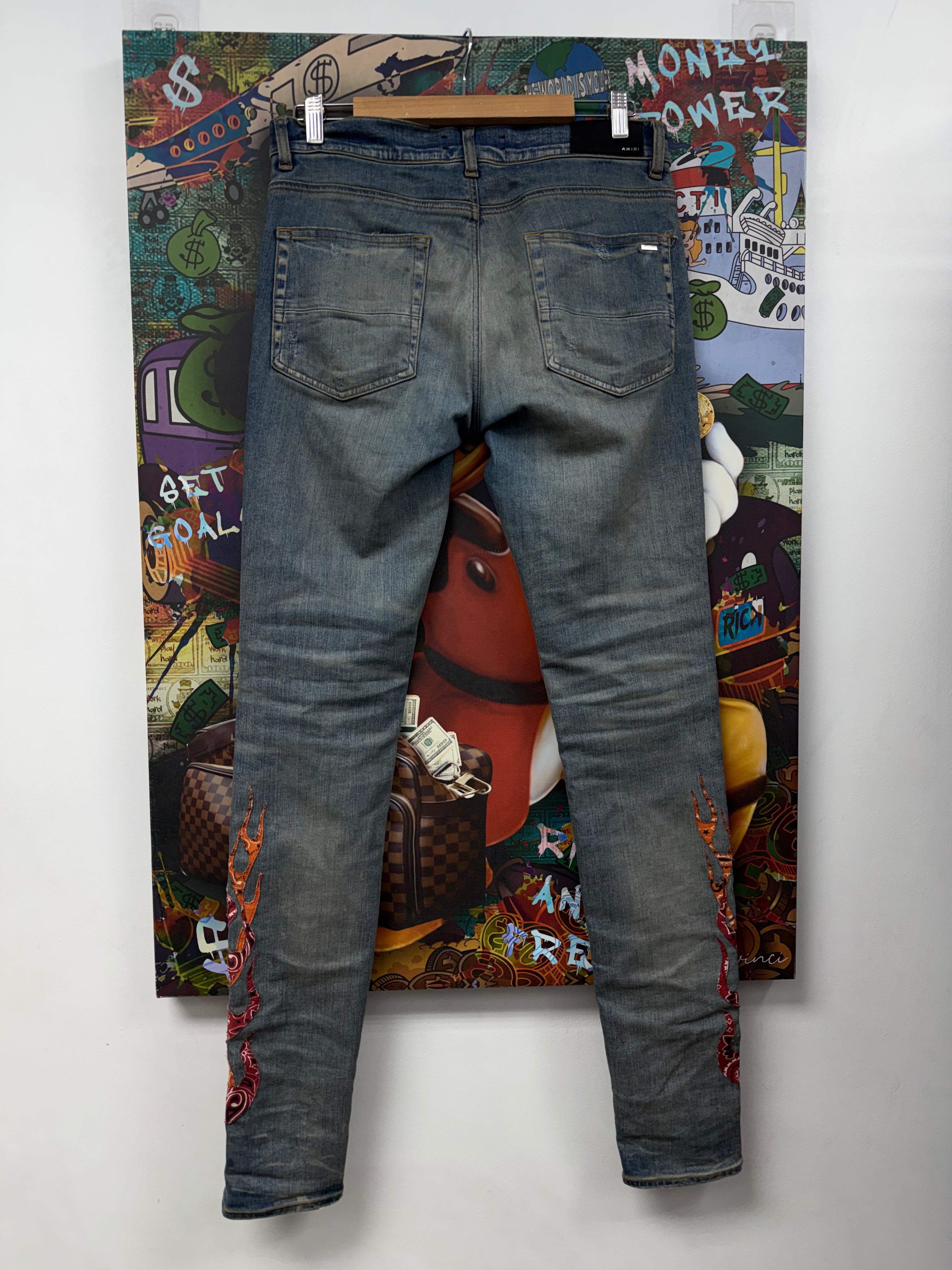 Amiri Light Wash Orange Red Bandana Jeans