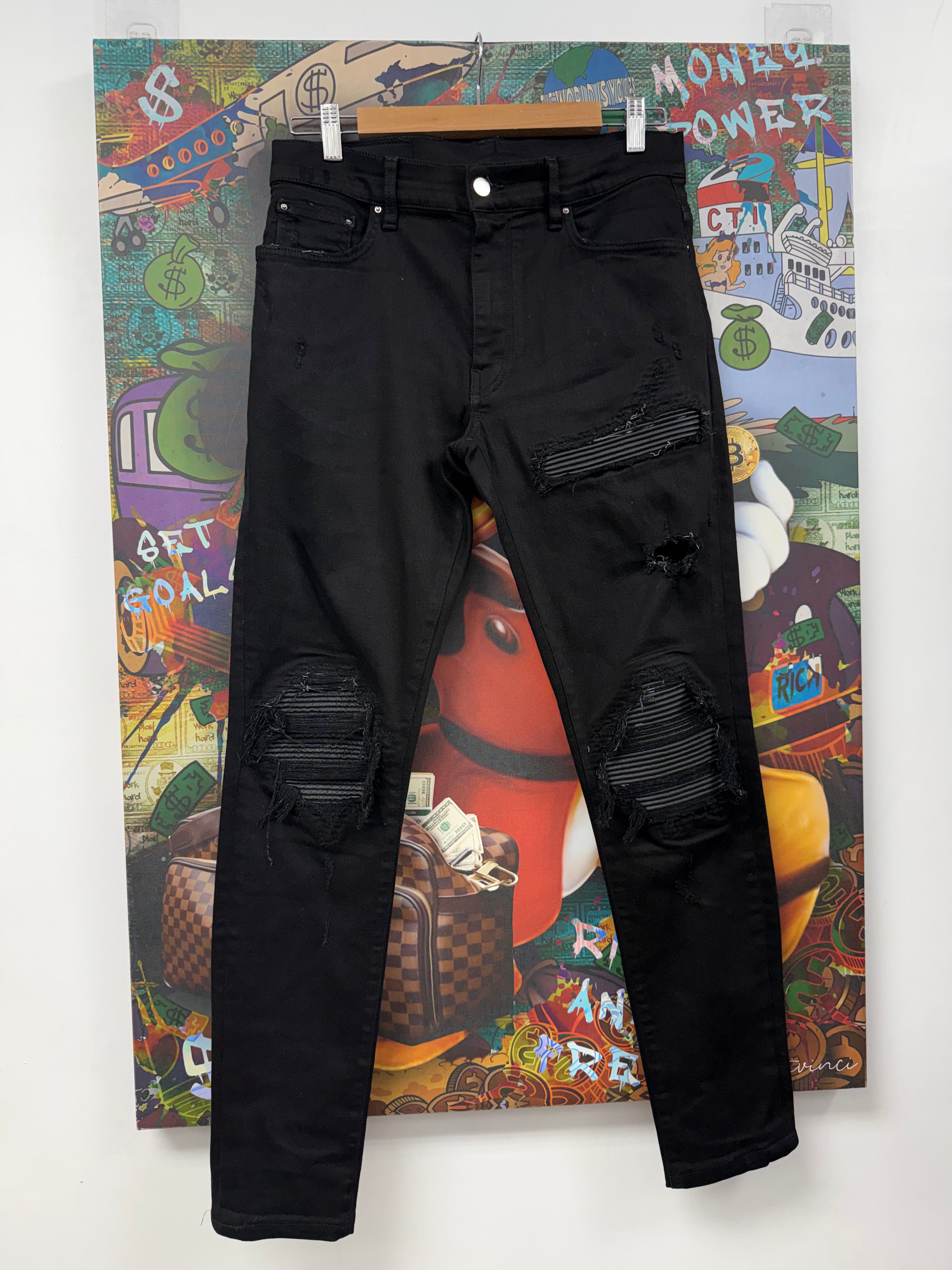 Amiri MX1 Black Black Leather Patch (Zipper) Jeans