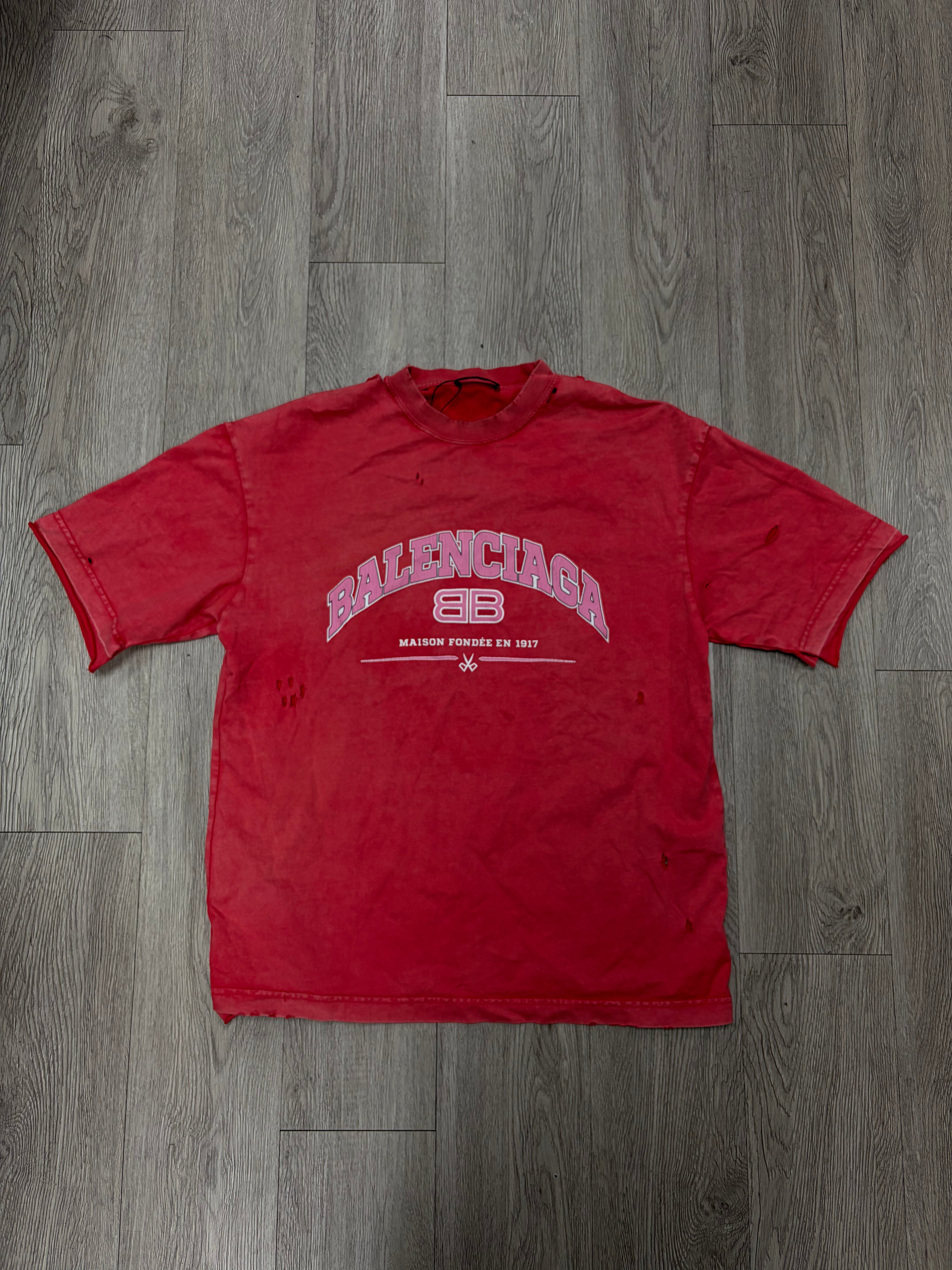 Balenciaga Red Wash Pink Crackle Logo Tee