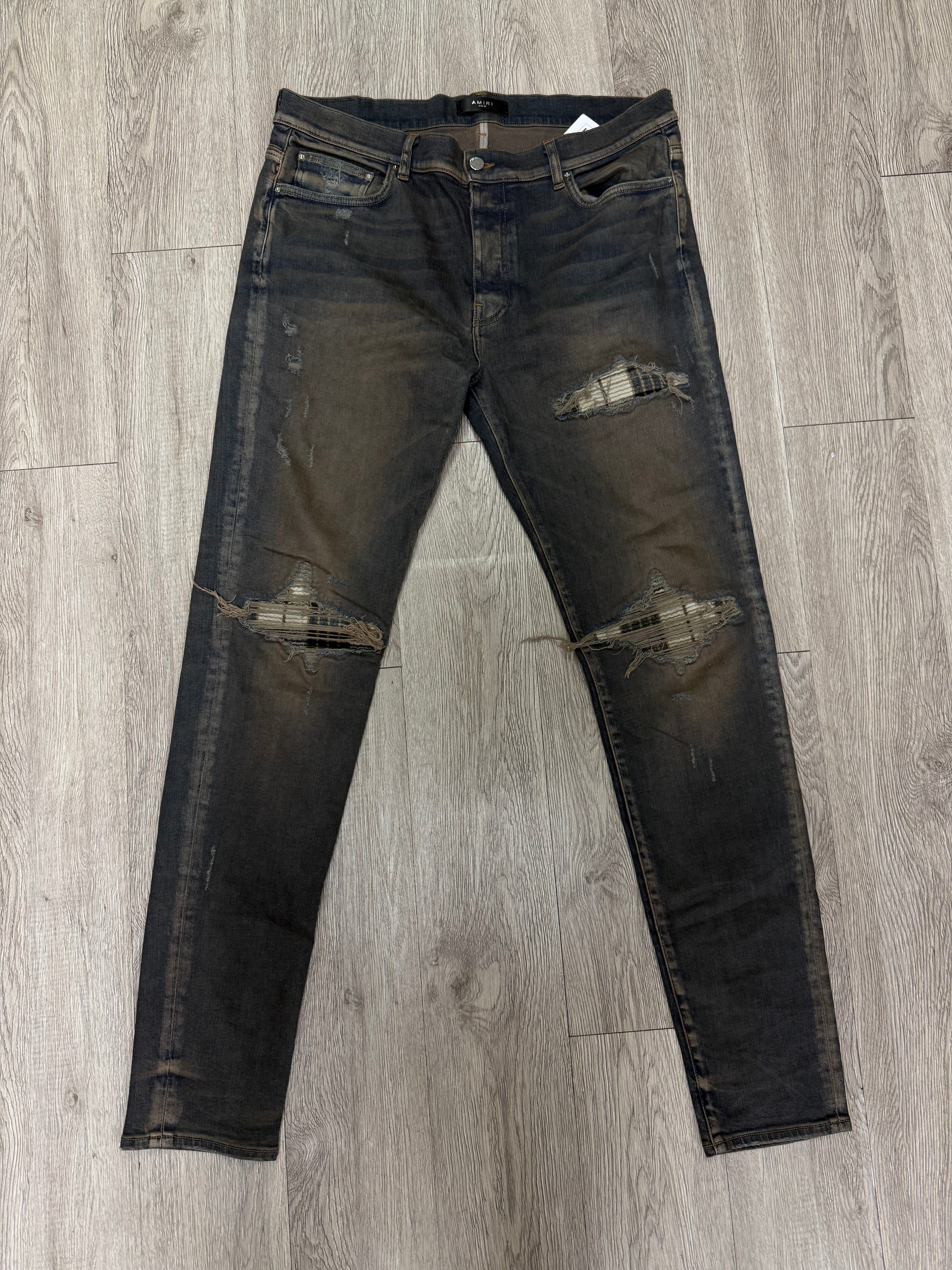 Amiri MX1 Dark Indigo Cream Navy Plaid Patch Jeans