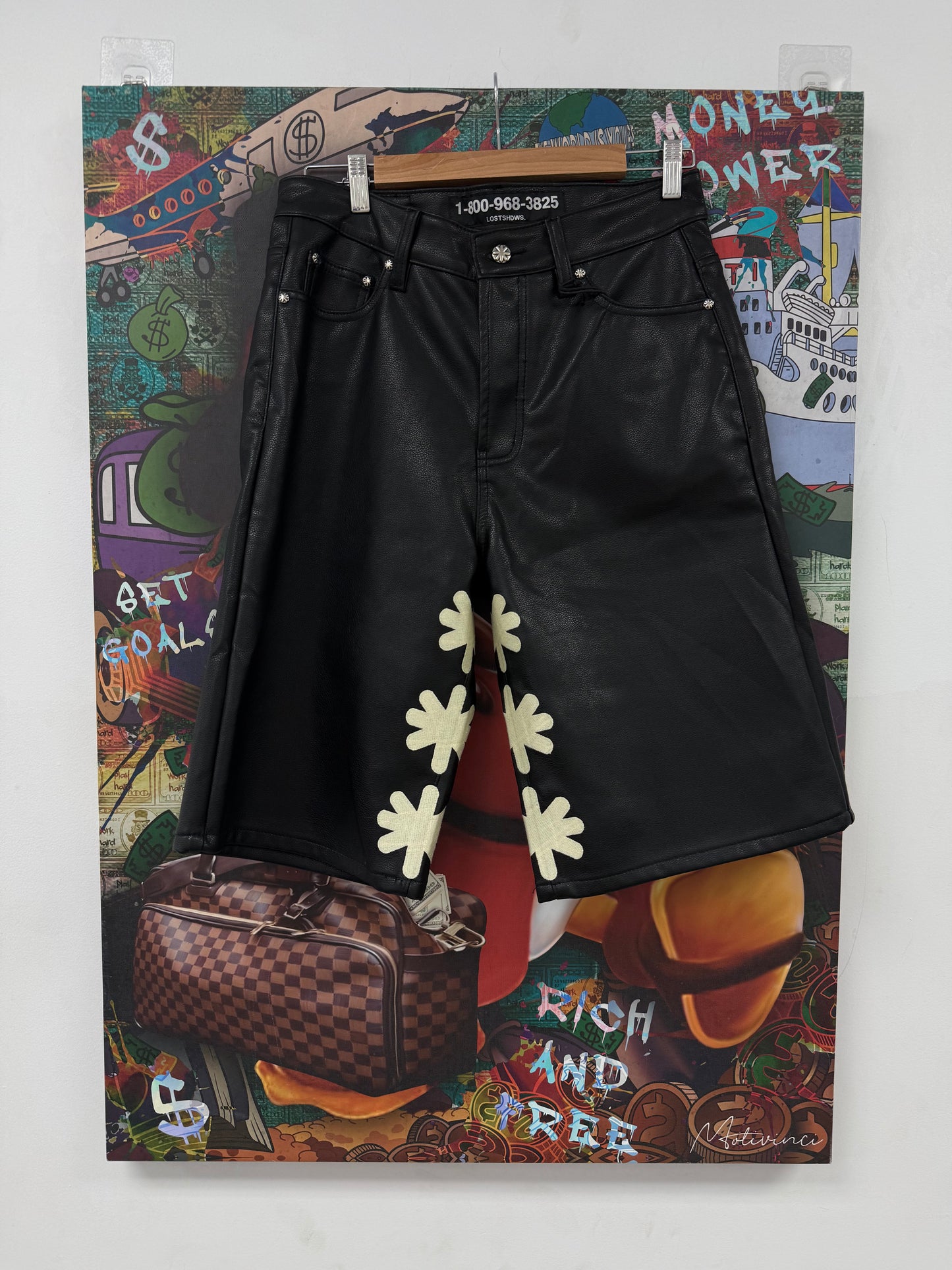 LOSTSHDWS Leather Sun Logo Shorts Black Bone (30-40) New