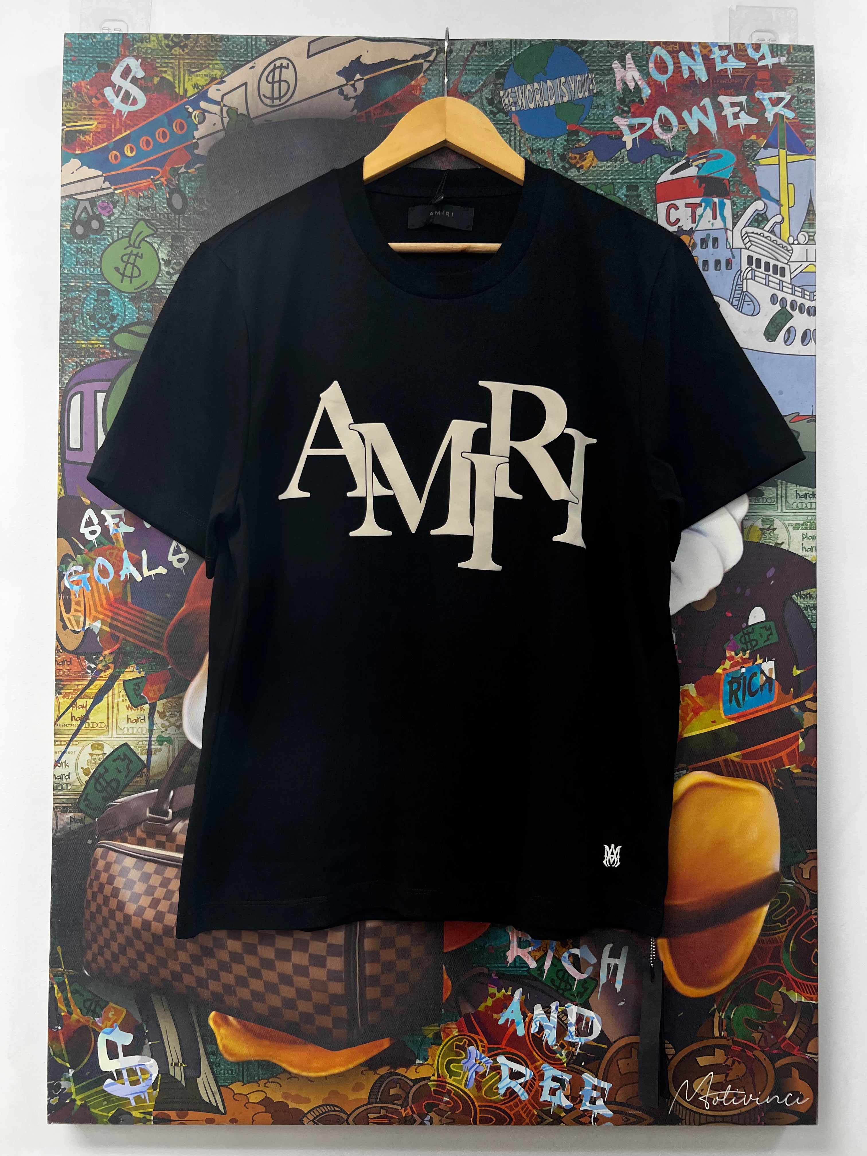 Amiri Black Cream Staggered Logo Tee