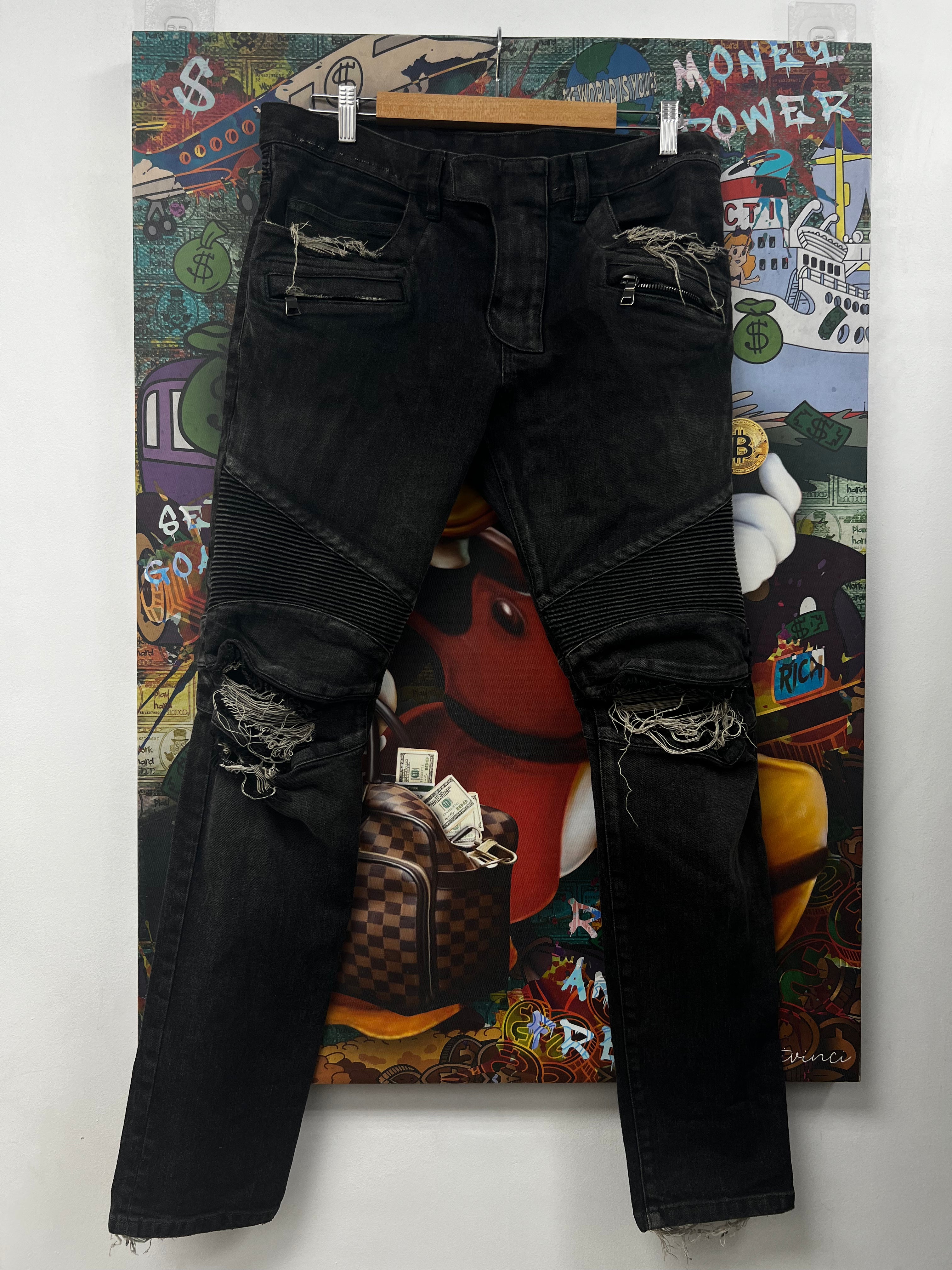 Balmain Black Wash Biker Knee Ripped Jeans