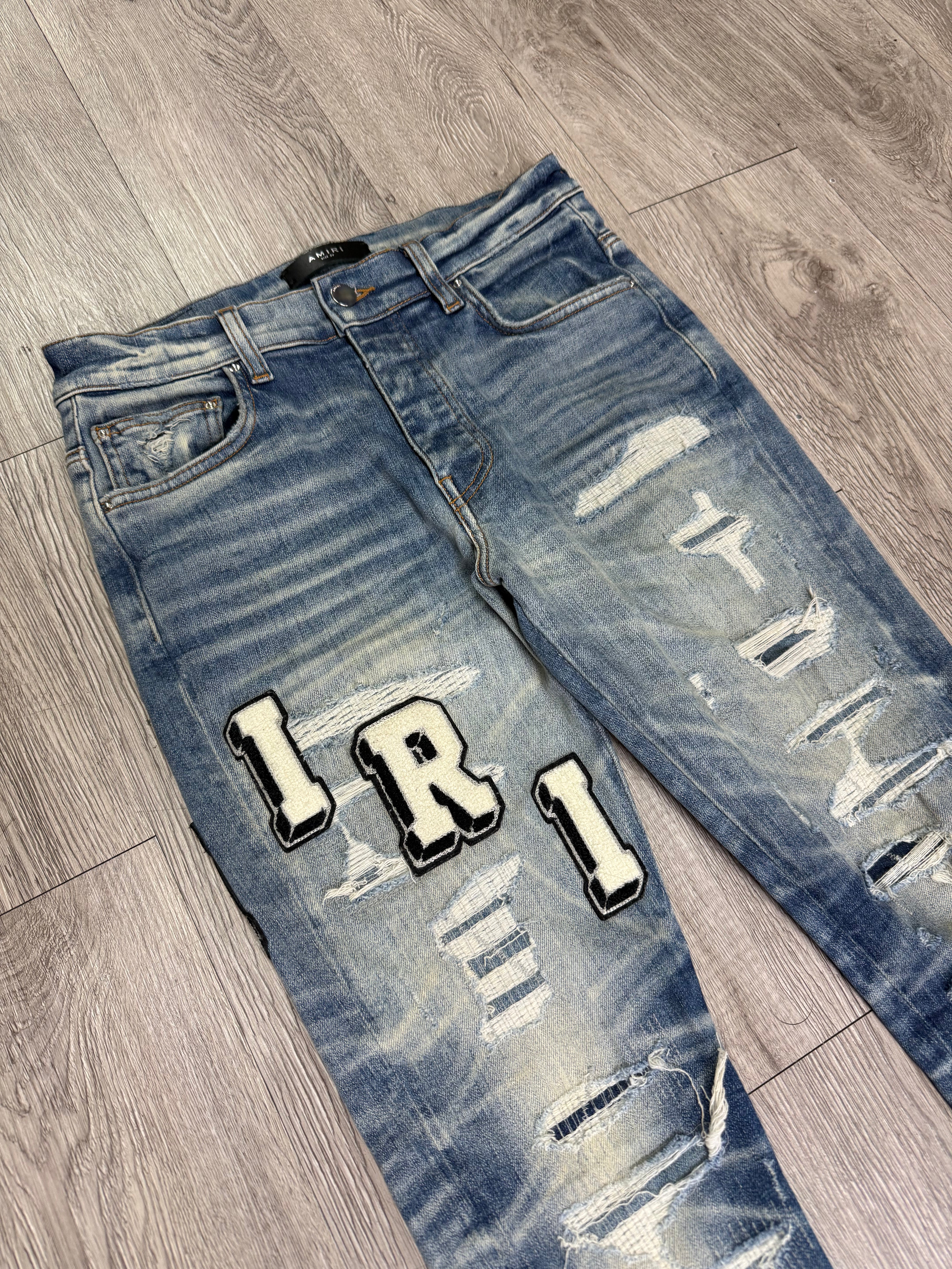 Amiri Honeycomb Wash Distressed Varsity Logo Jeans