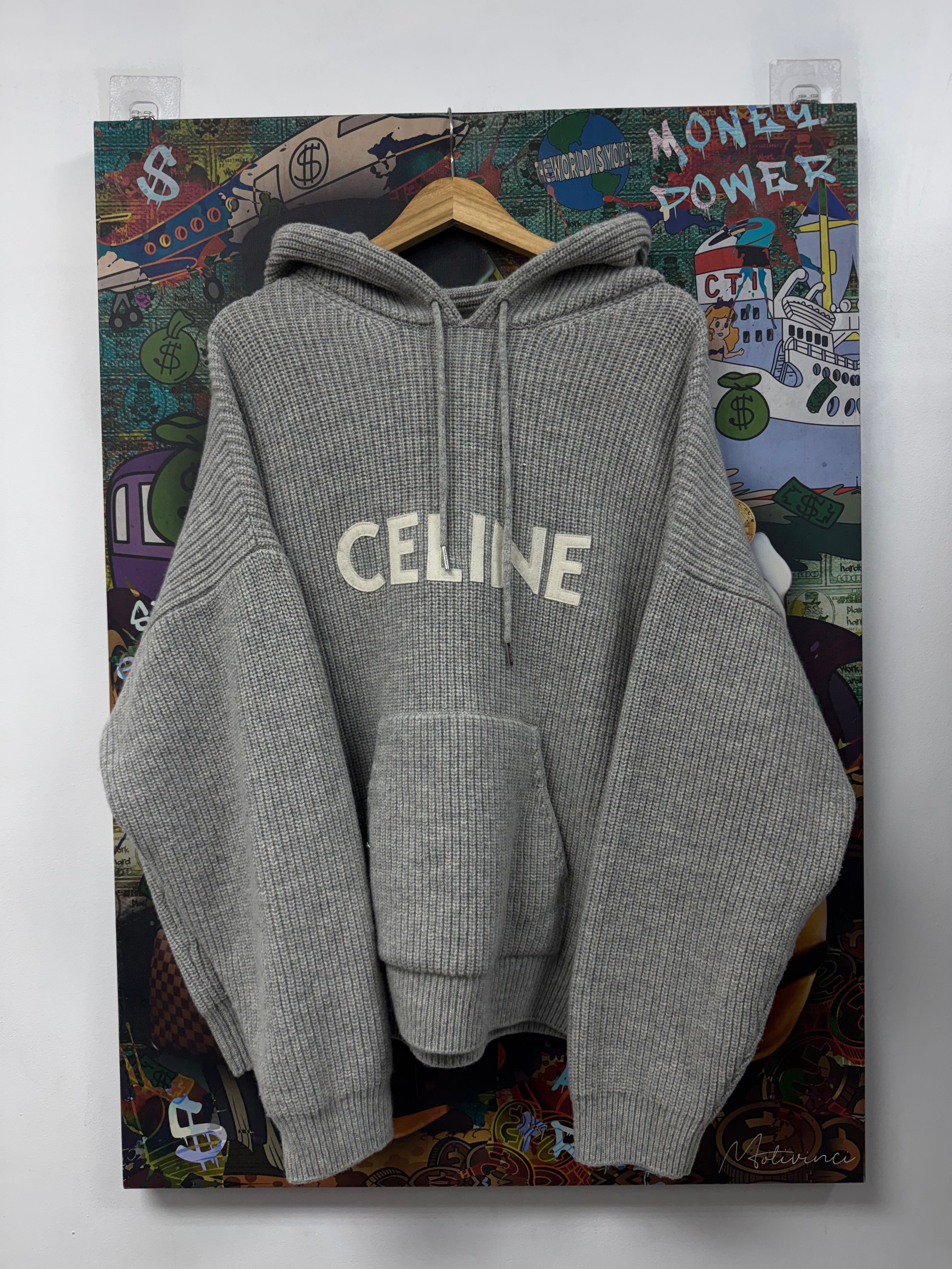 Celine Grey Cashmere Chest Logo Hoodie