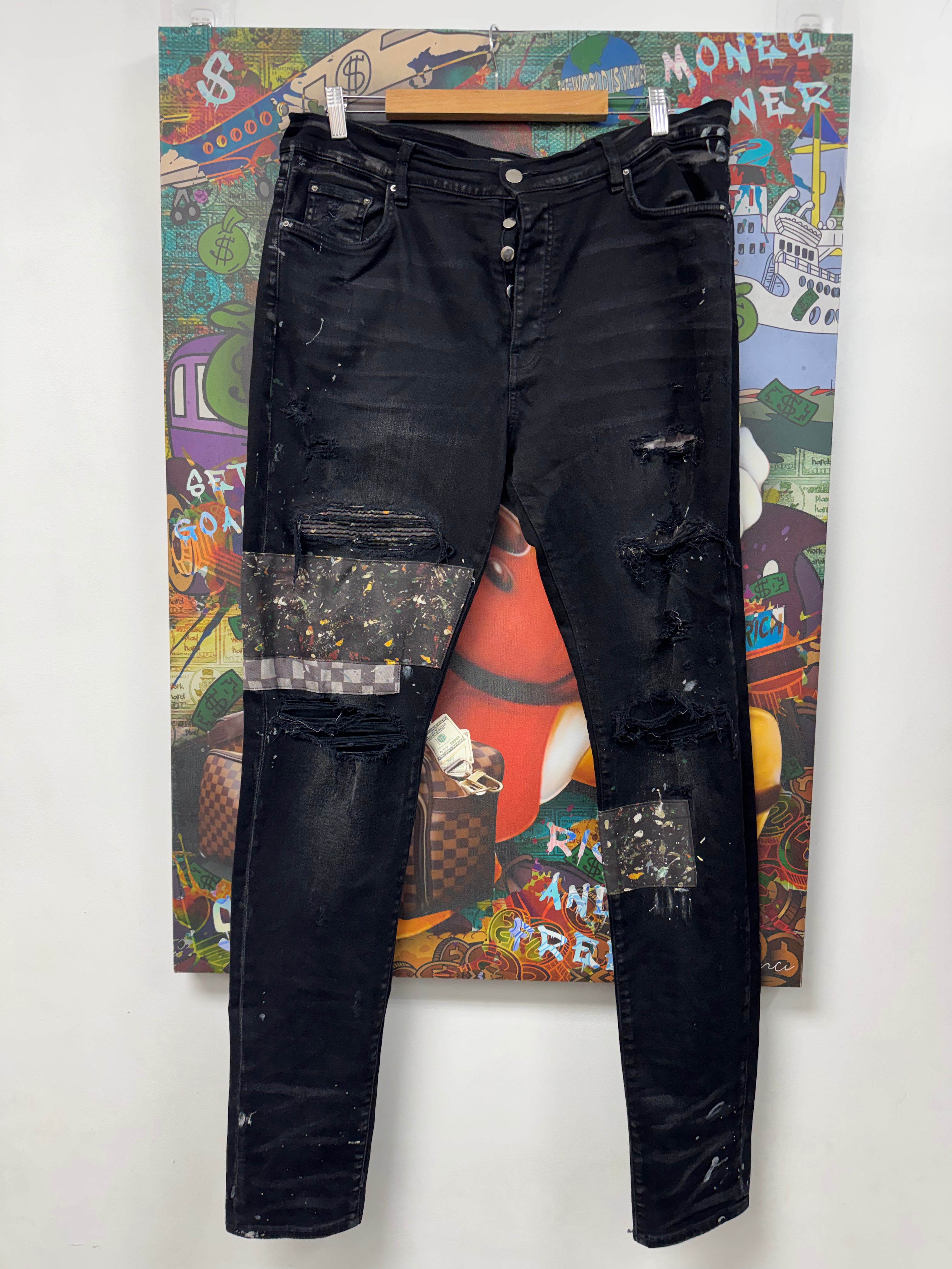 Amiri Black Wash Paint Splatter Art Patchwork Jeans