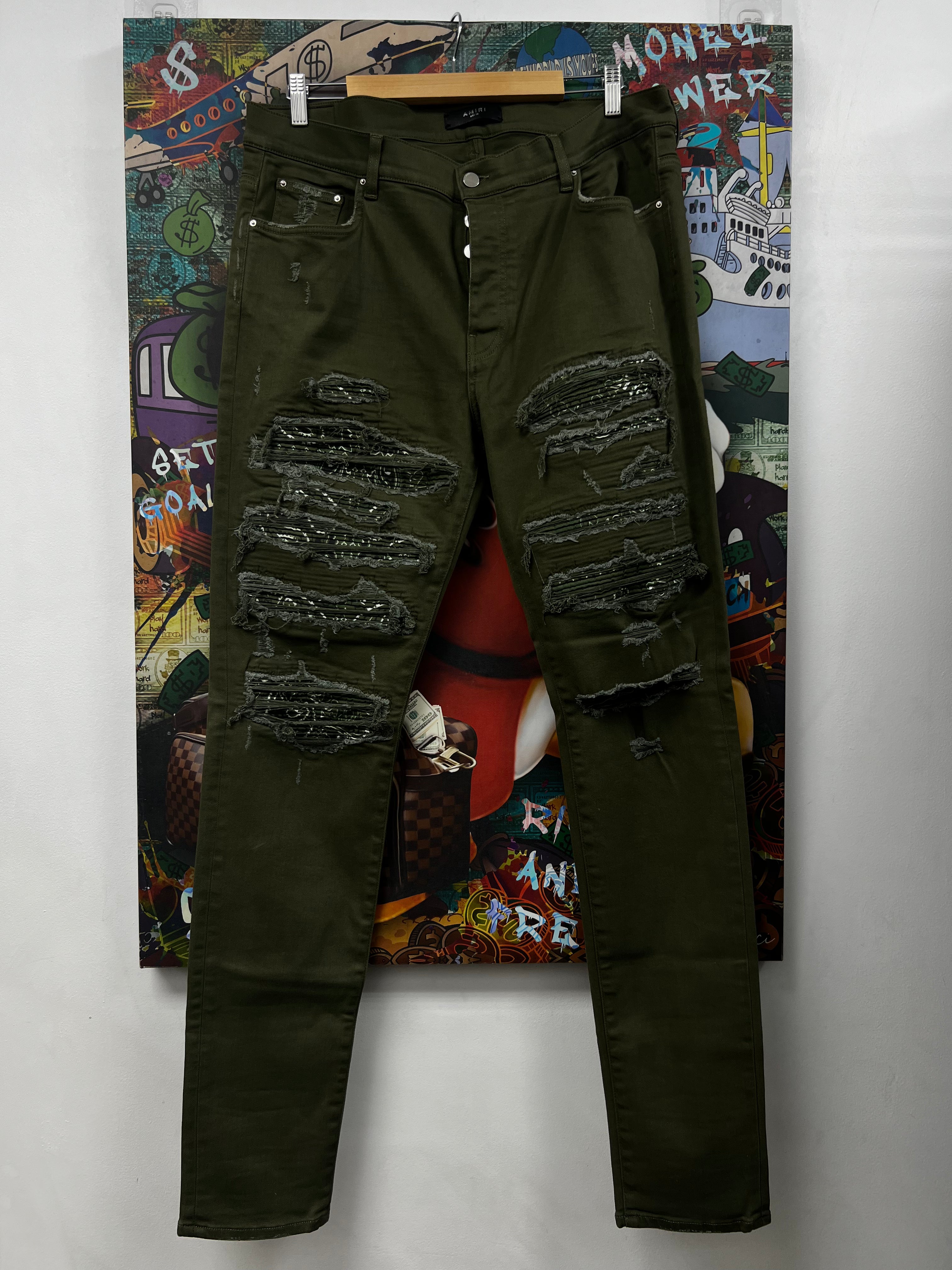 Amiri Olive Tonal Paisley Thrasher Patch Jeans