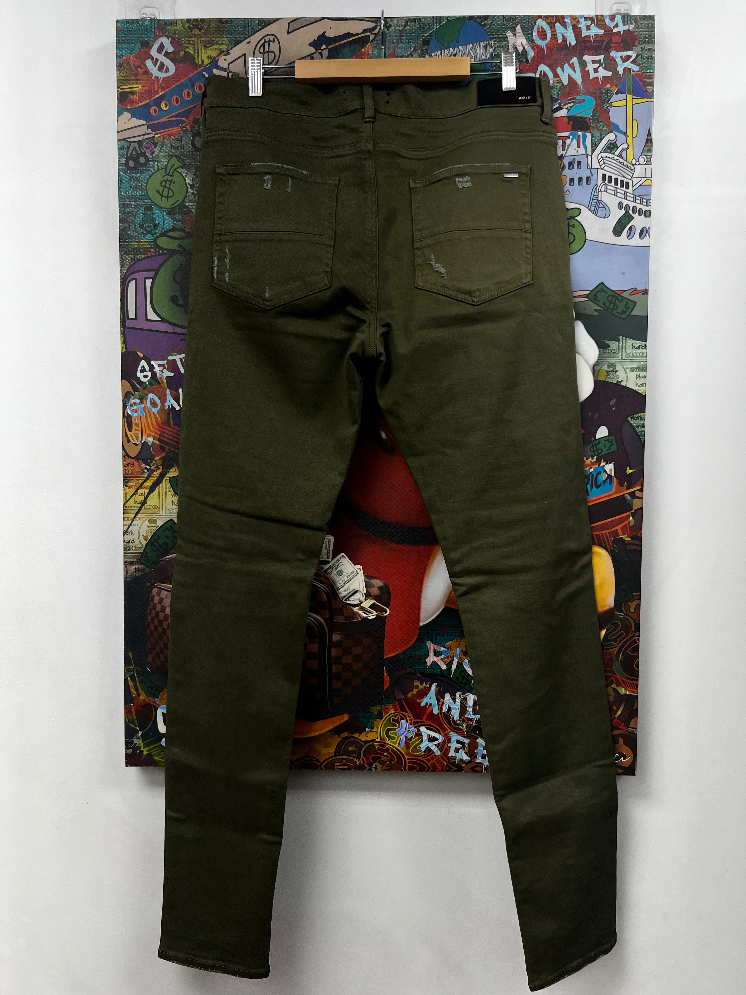 Amiri Olive Tonal Paisley Thrasher Patch Jeans