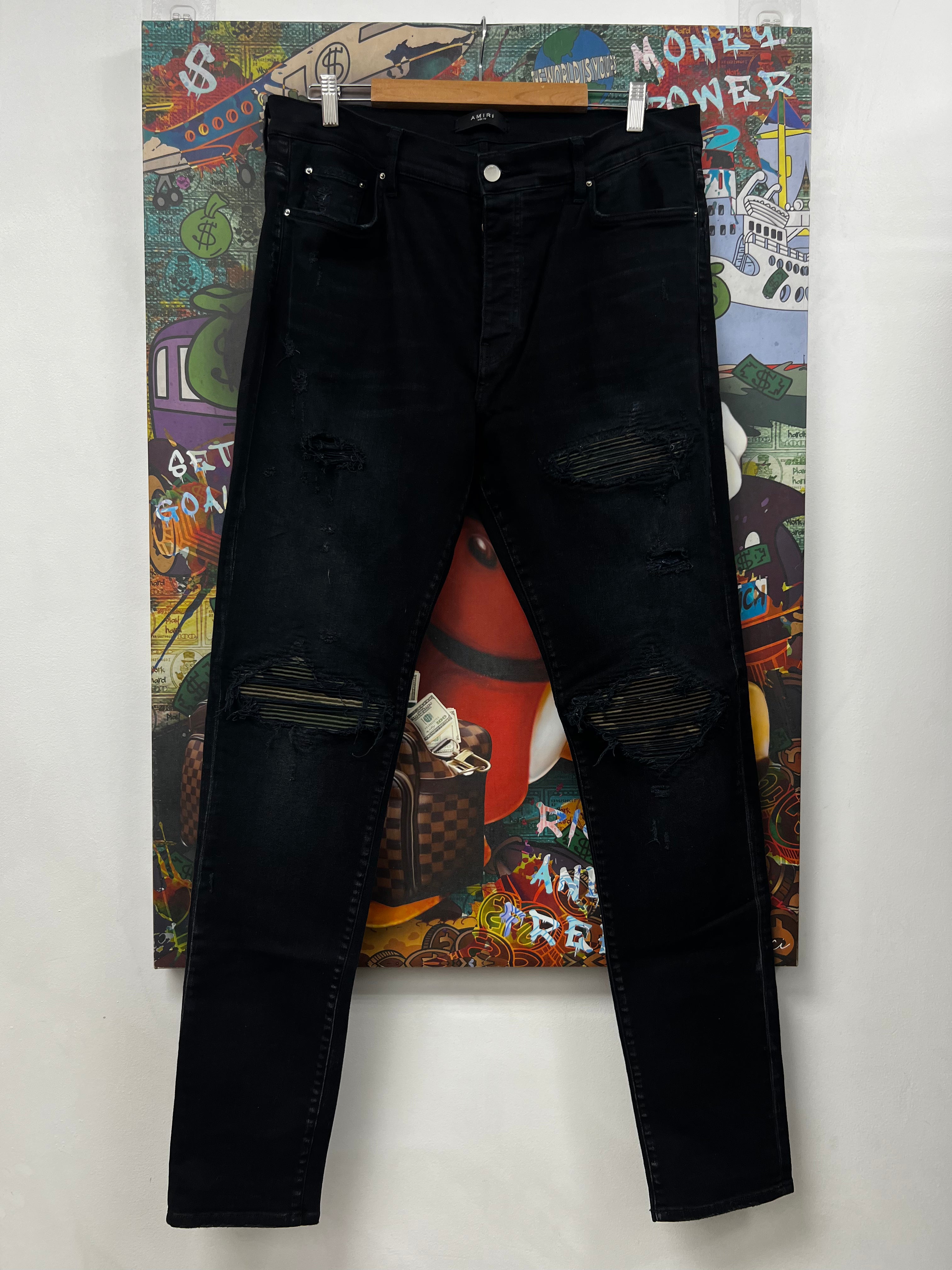 Amiri MX1 Black Wash Camo Patch Jeans