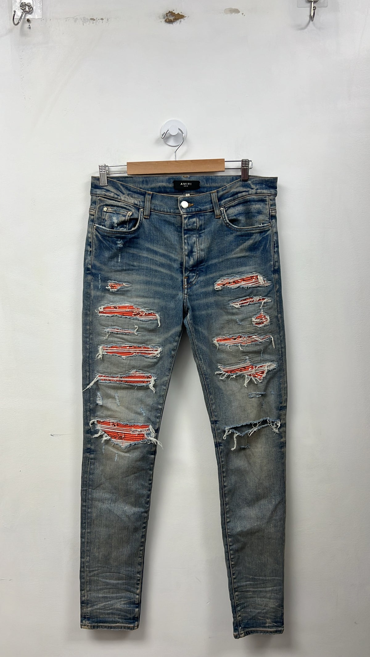 Amiri Light Wash Orange Paisley Thrasher Patch Jeans