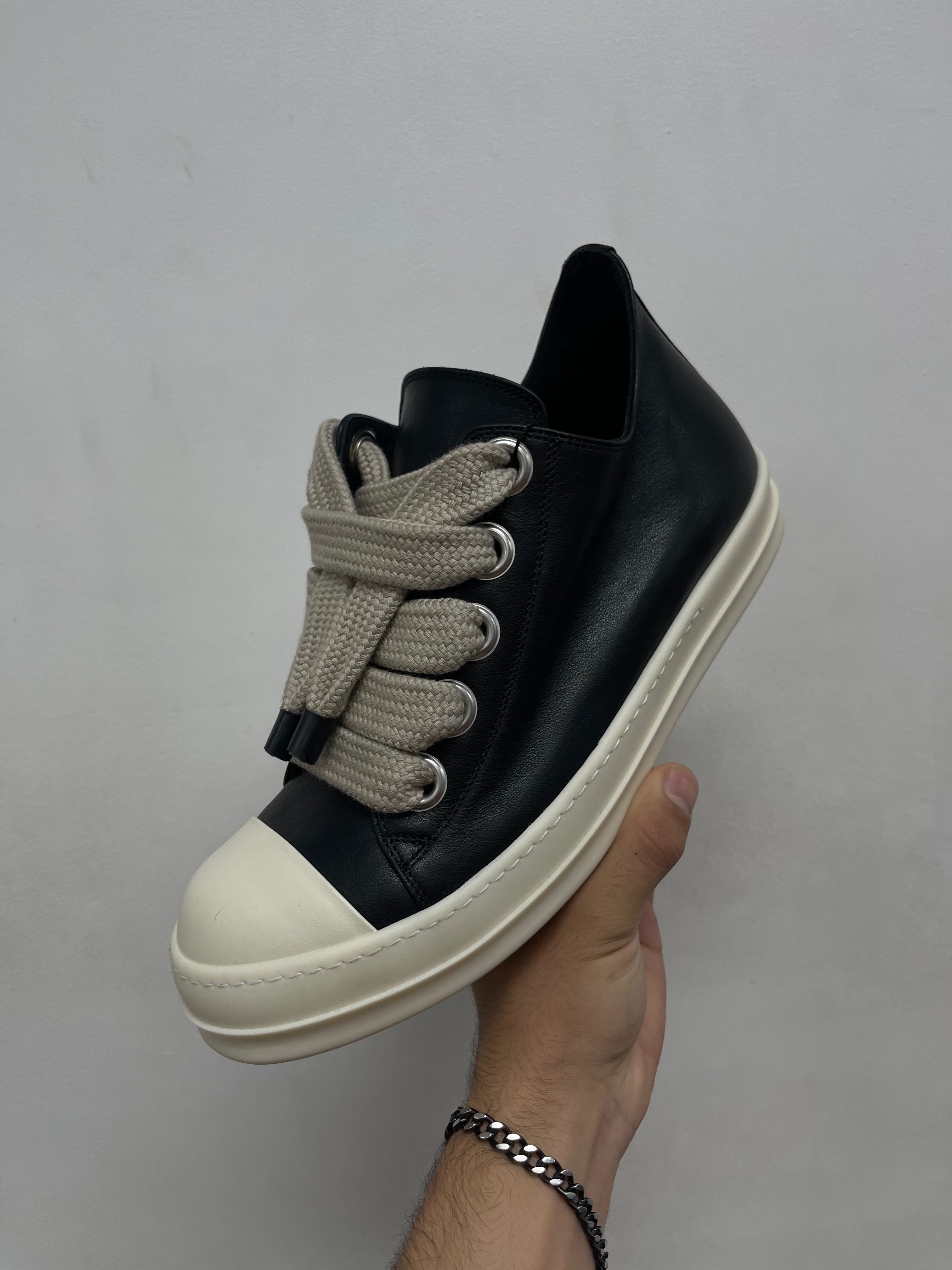 Rick Owens Black Leather Mainline Jumbo Lace Ramone Sneakers