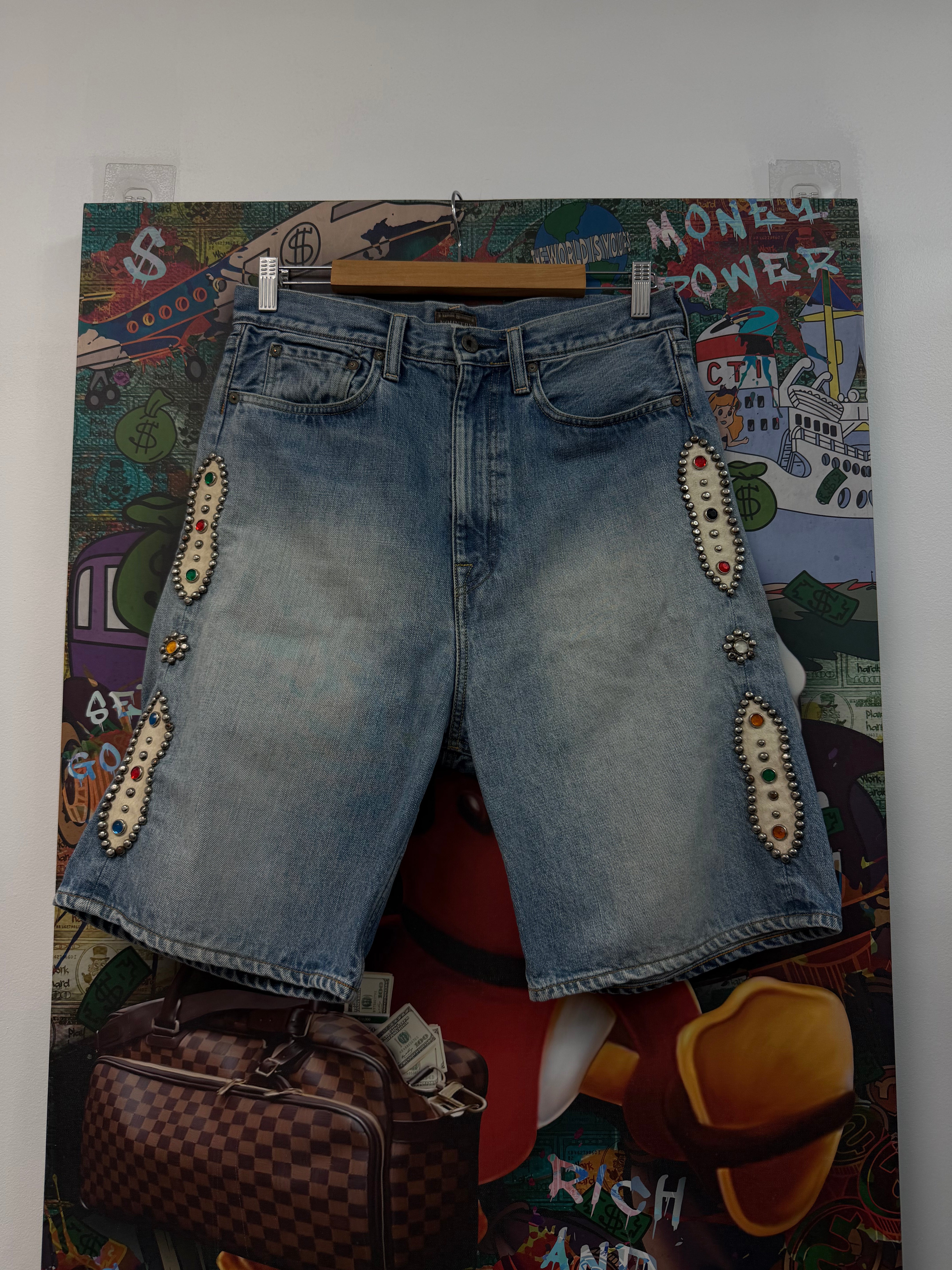 Kapital Light Wash Gem Studded Shorts