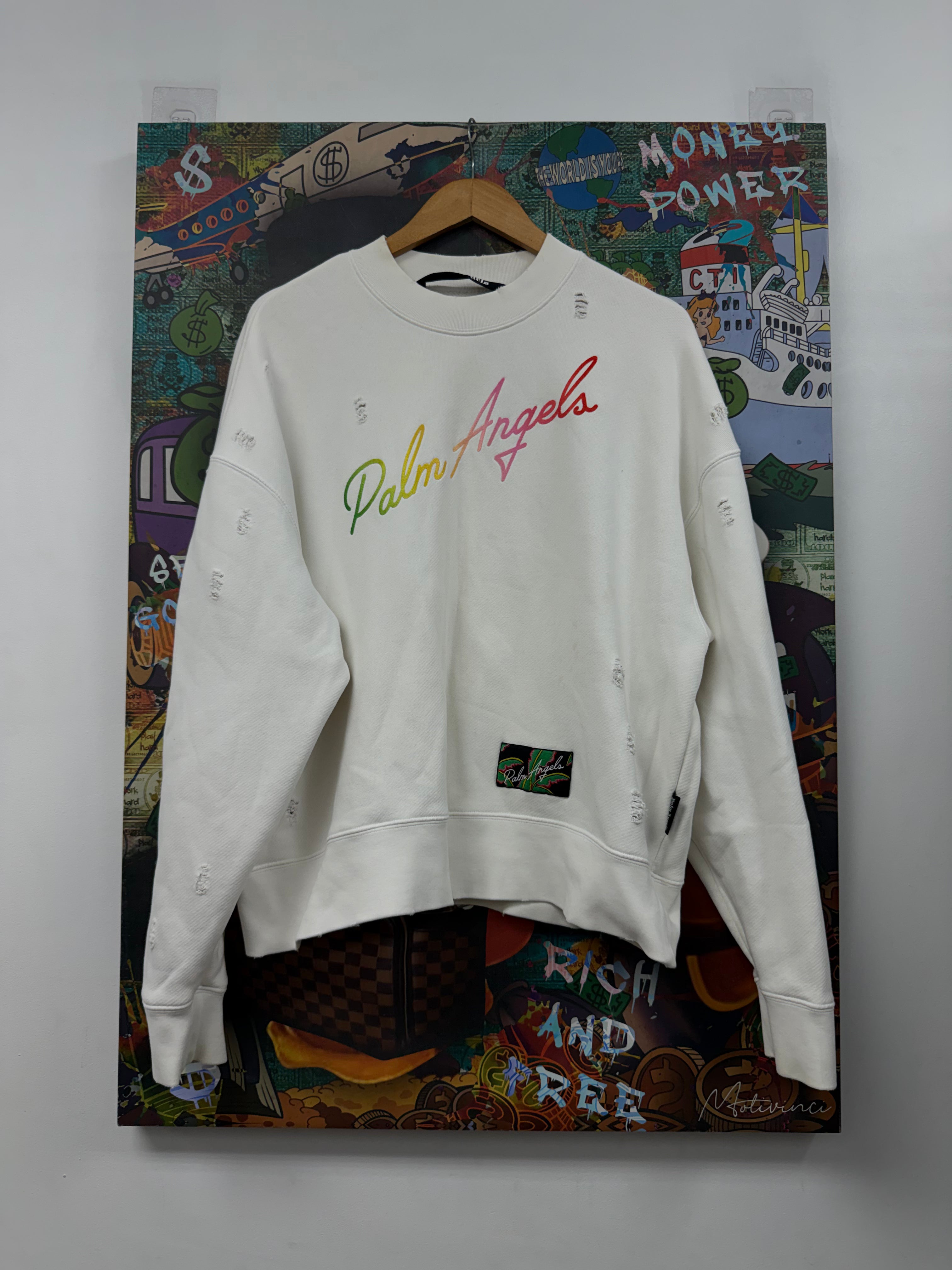 Palm Angels White Distress Miami Logo Crewneck