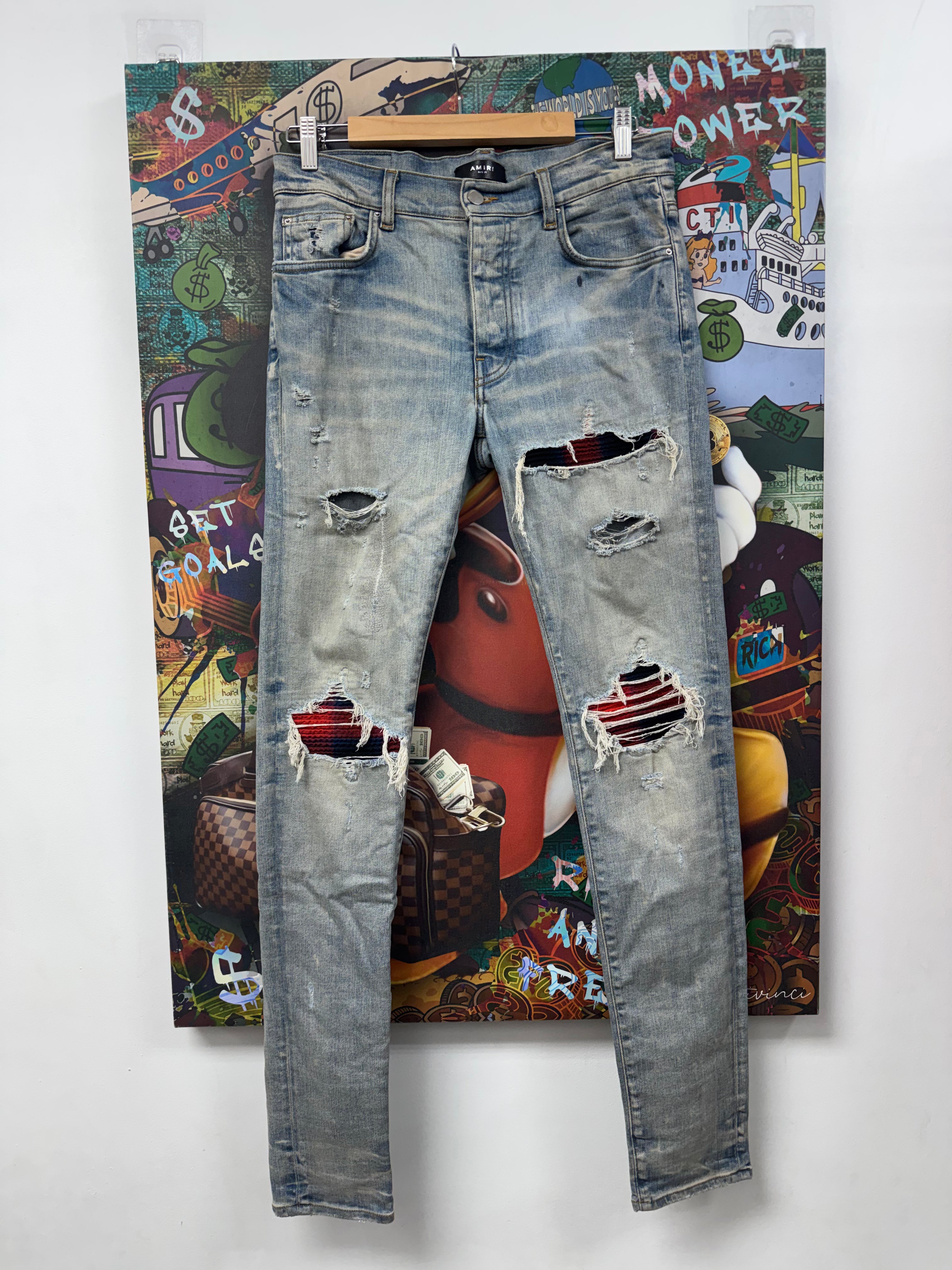 Amiri Light Wash Navy Red Plaid Patch Jeans