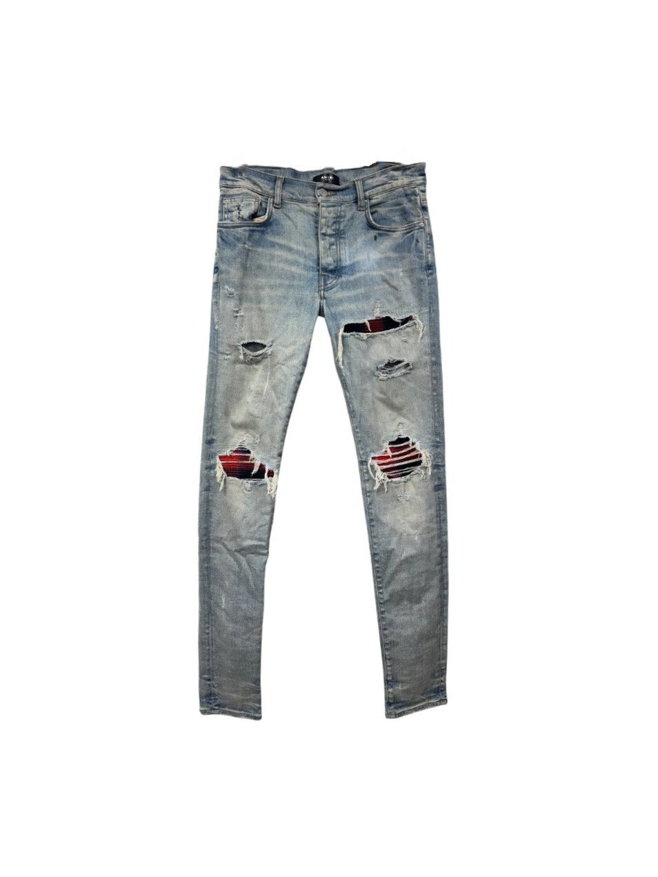 Amiri Plaid Patch Light Wash, Navy & Red Jeans