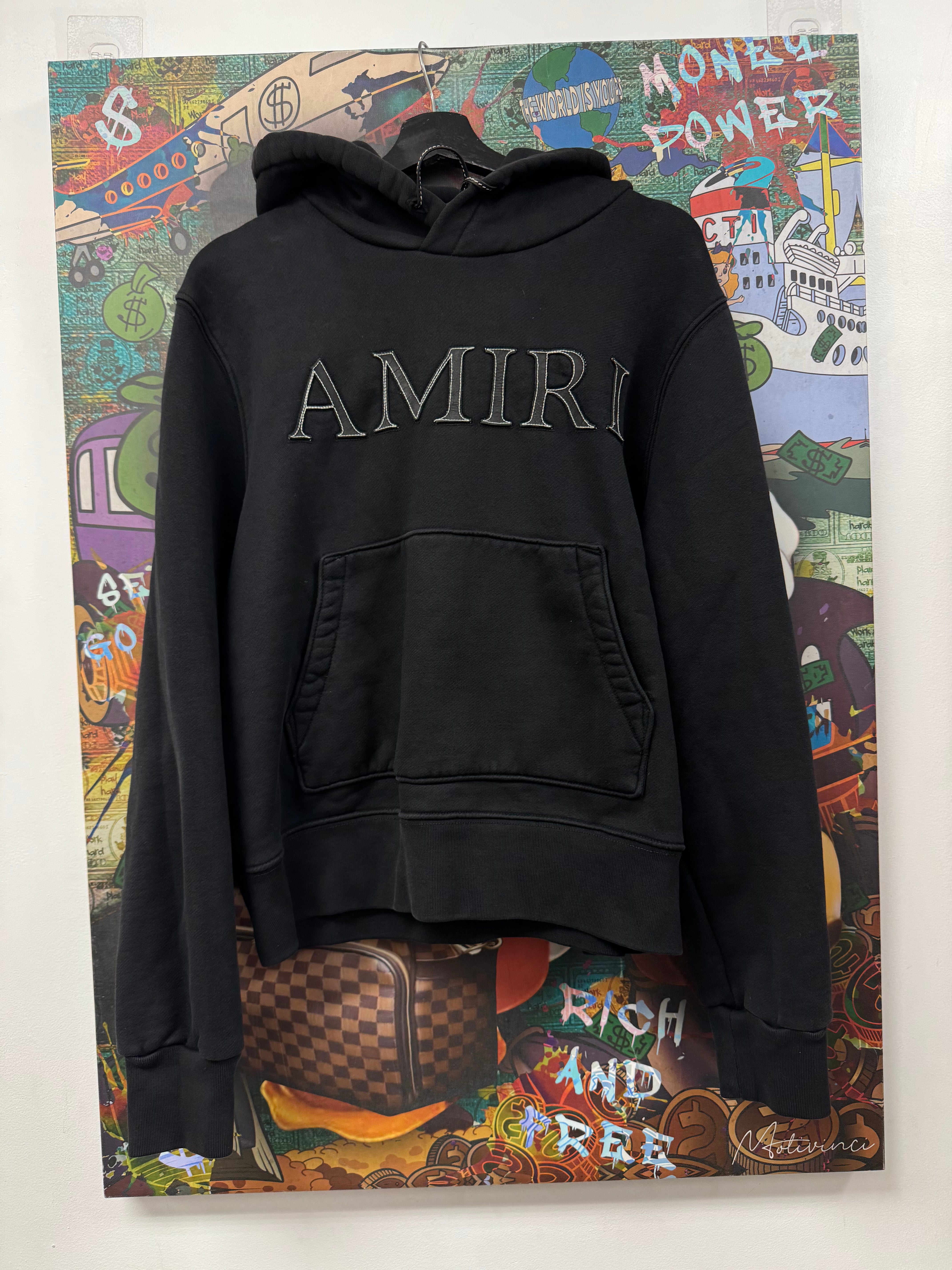 Amiri Black Leather Chest Logo Hoodie
