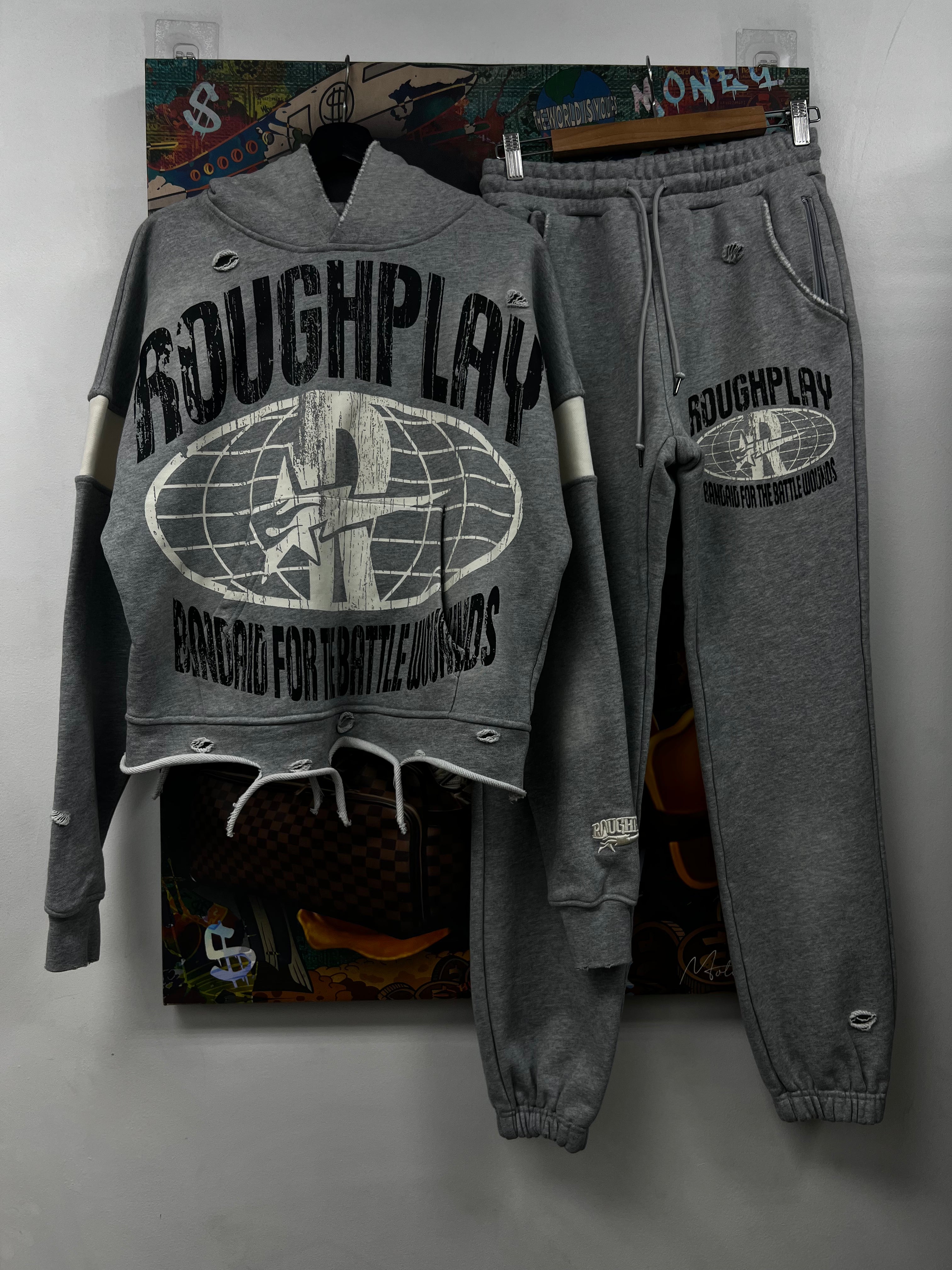 Rough Play Grey Cream Distressed Sweatsuit