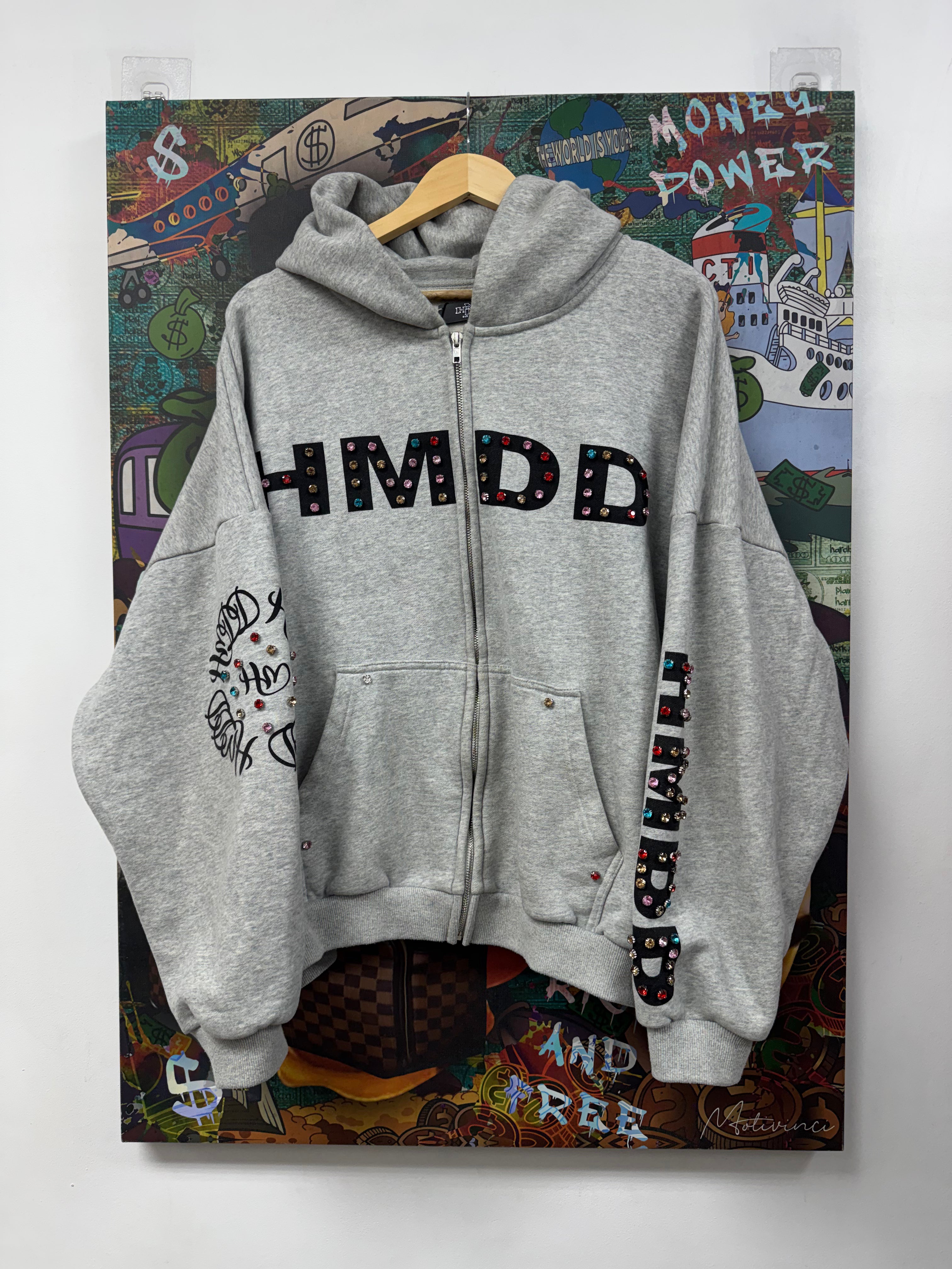 HMDD Grey Black Rhinestone Zip Up Hoodie