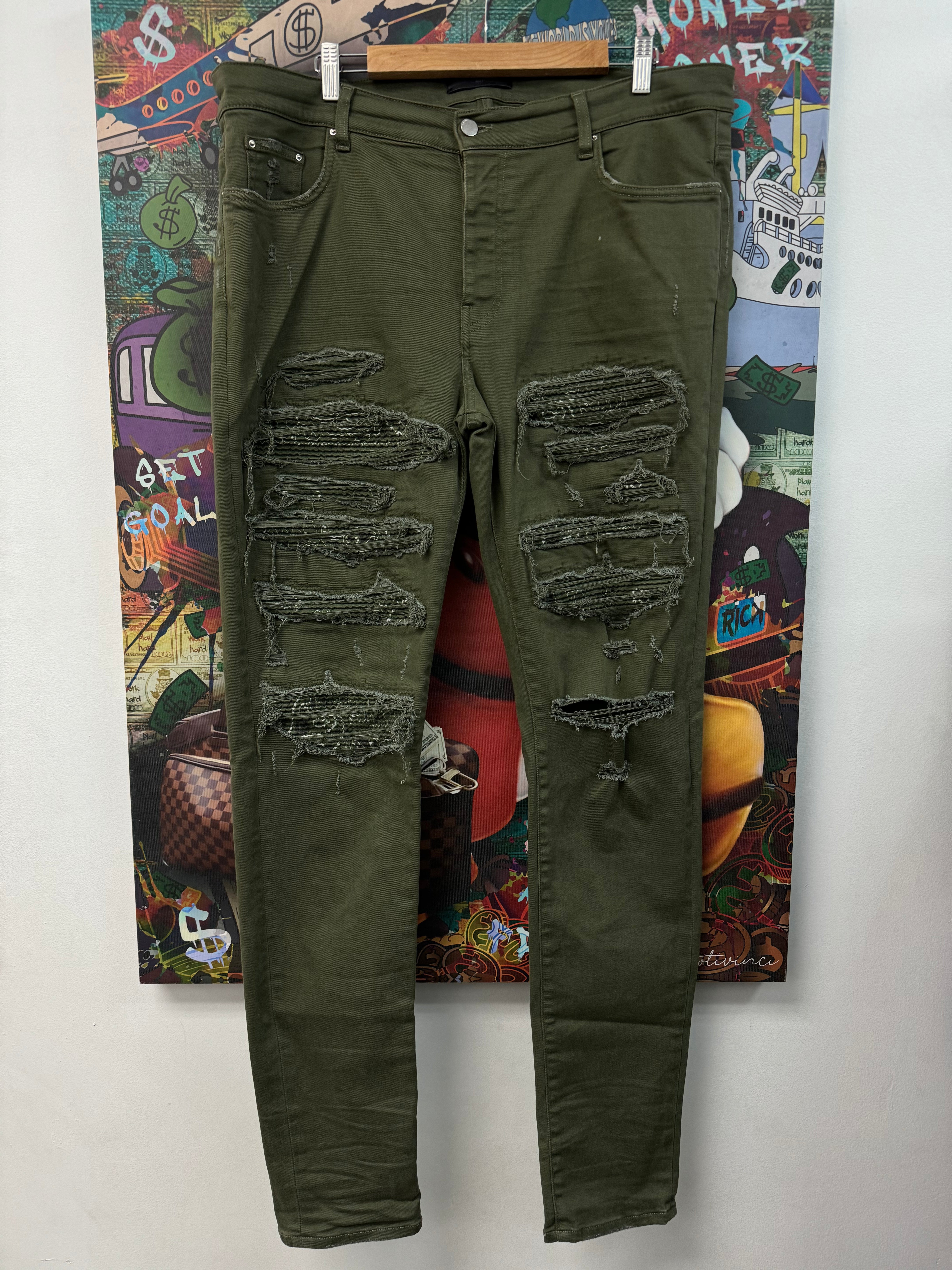 Amiri Olive Paisley Thrasher Patch Jeans