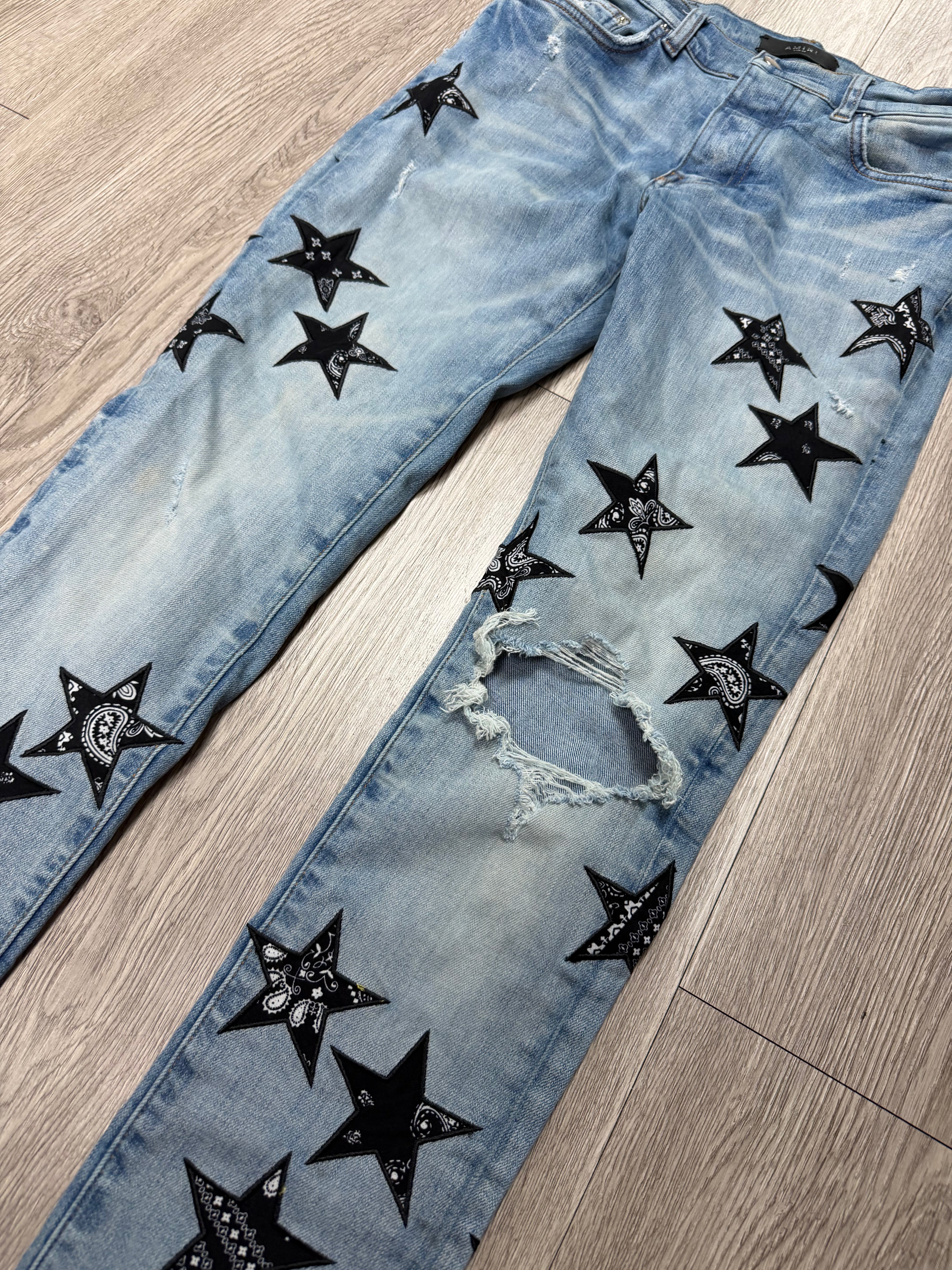 Amiri Light Wash Black Paisley Stars Jeans