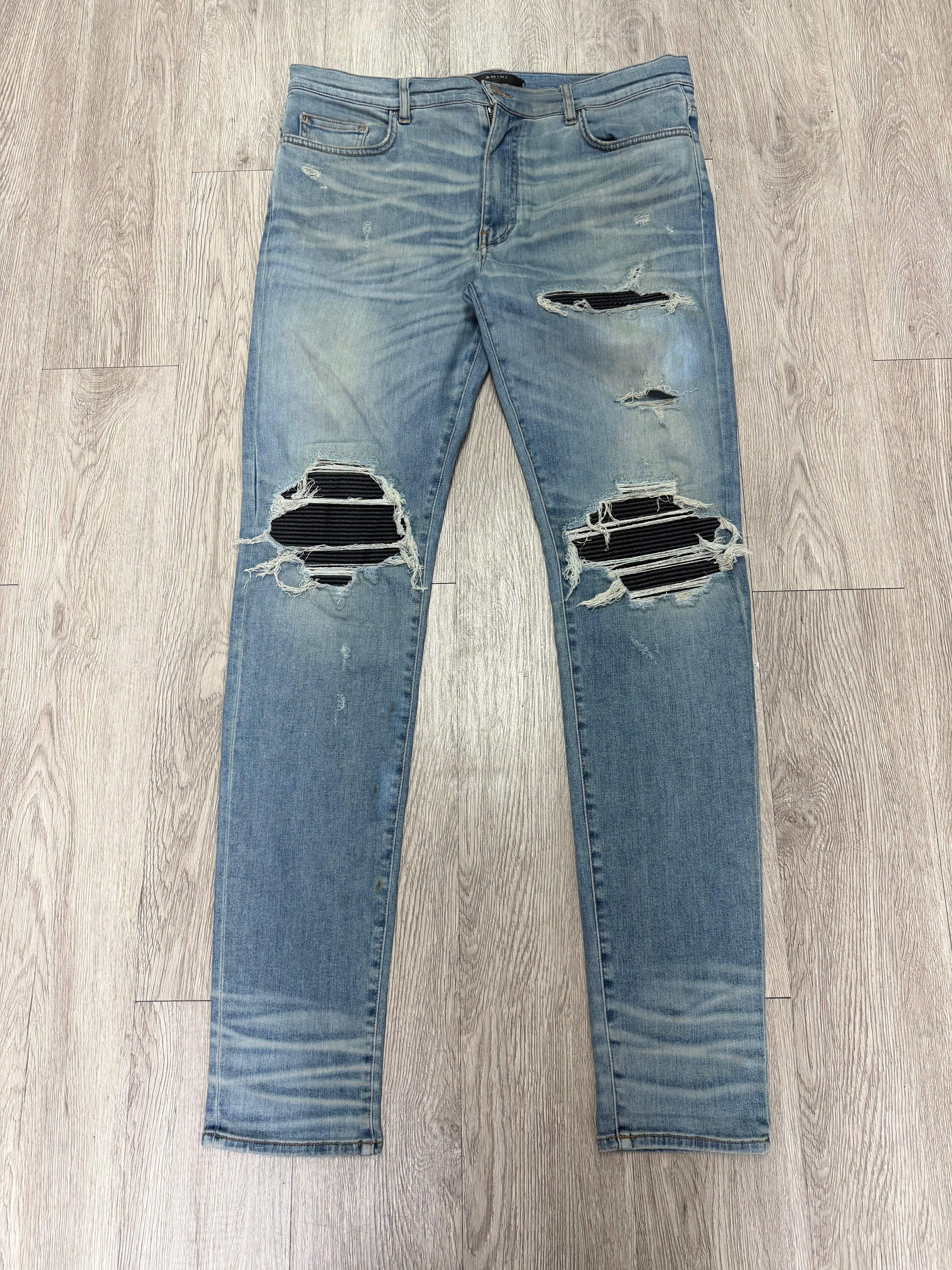 Amiri MX1 Light Wash Black Leather Patch (Zipper) Jeans