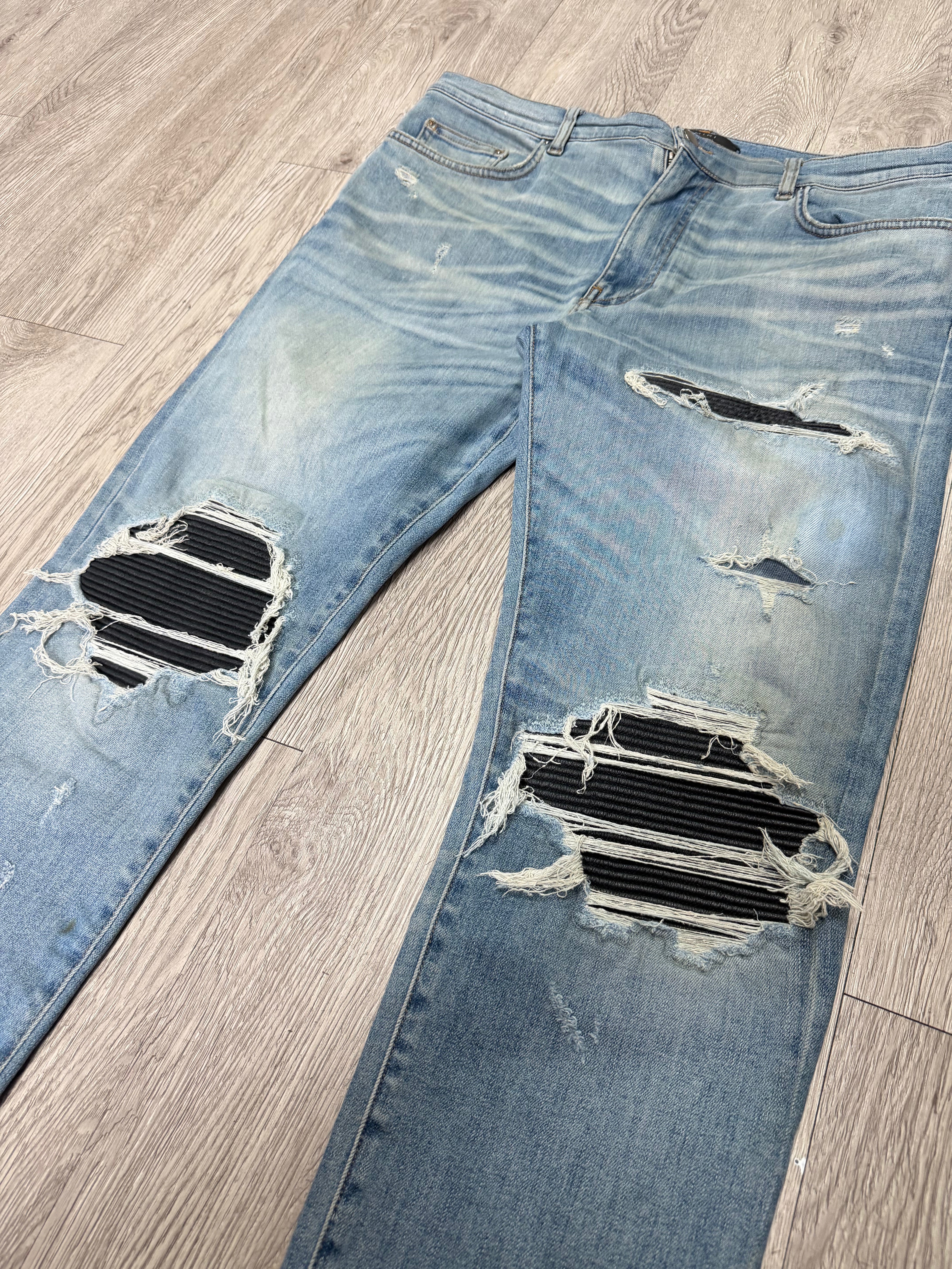 Amiri MX1 Light Wash Black Leather Patch (Zipper) Jeans