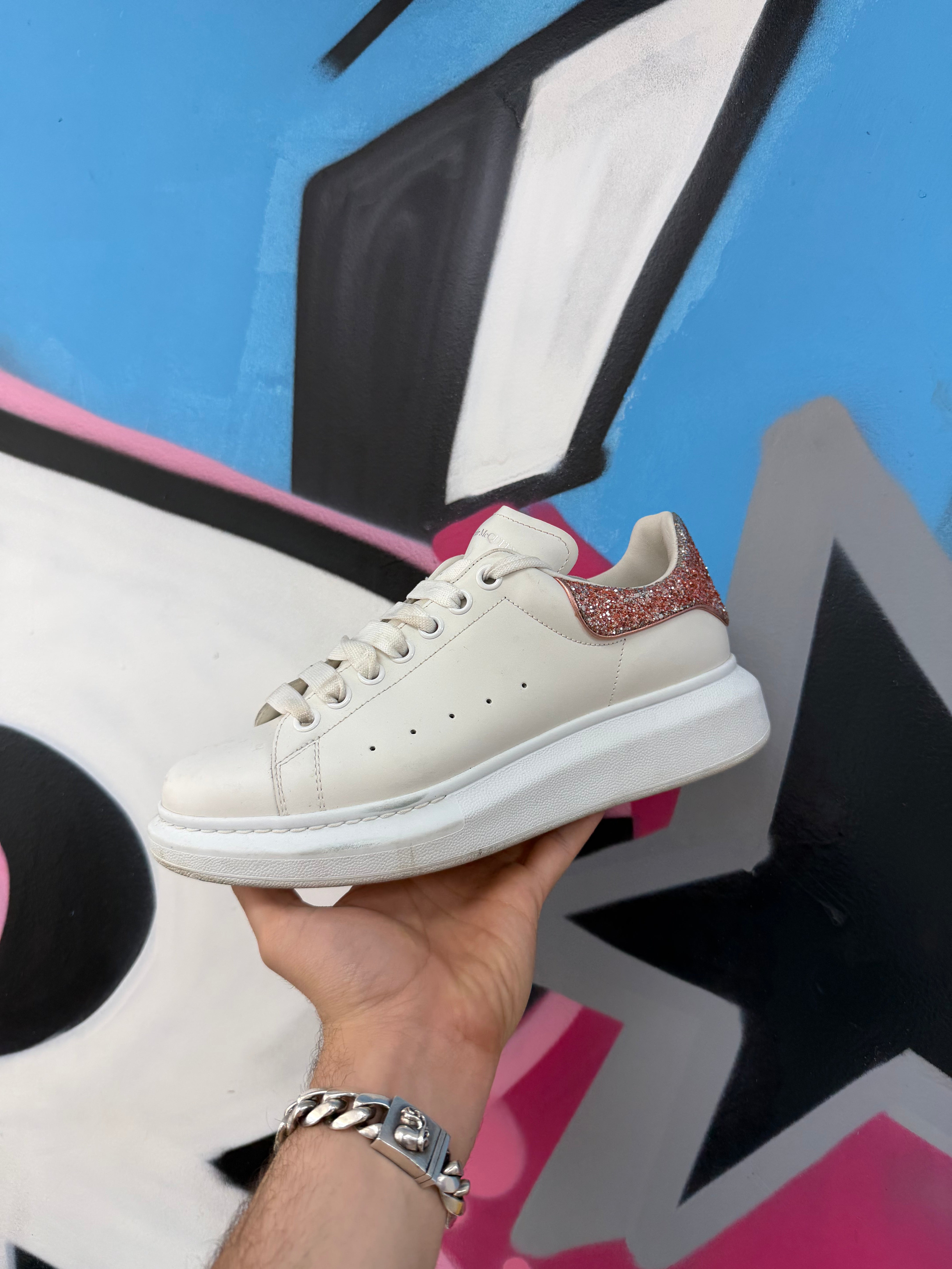 Alexander Mcqueen White Pink Glitter Oversized Sneakers
