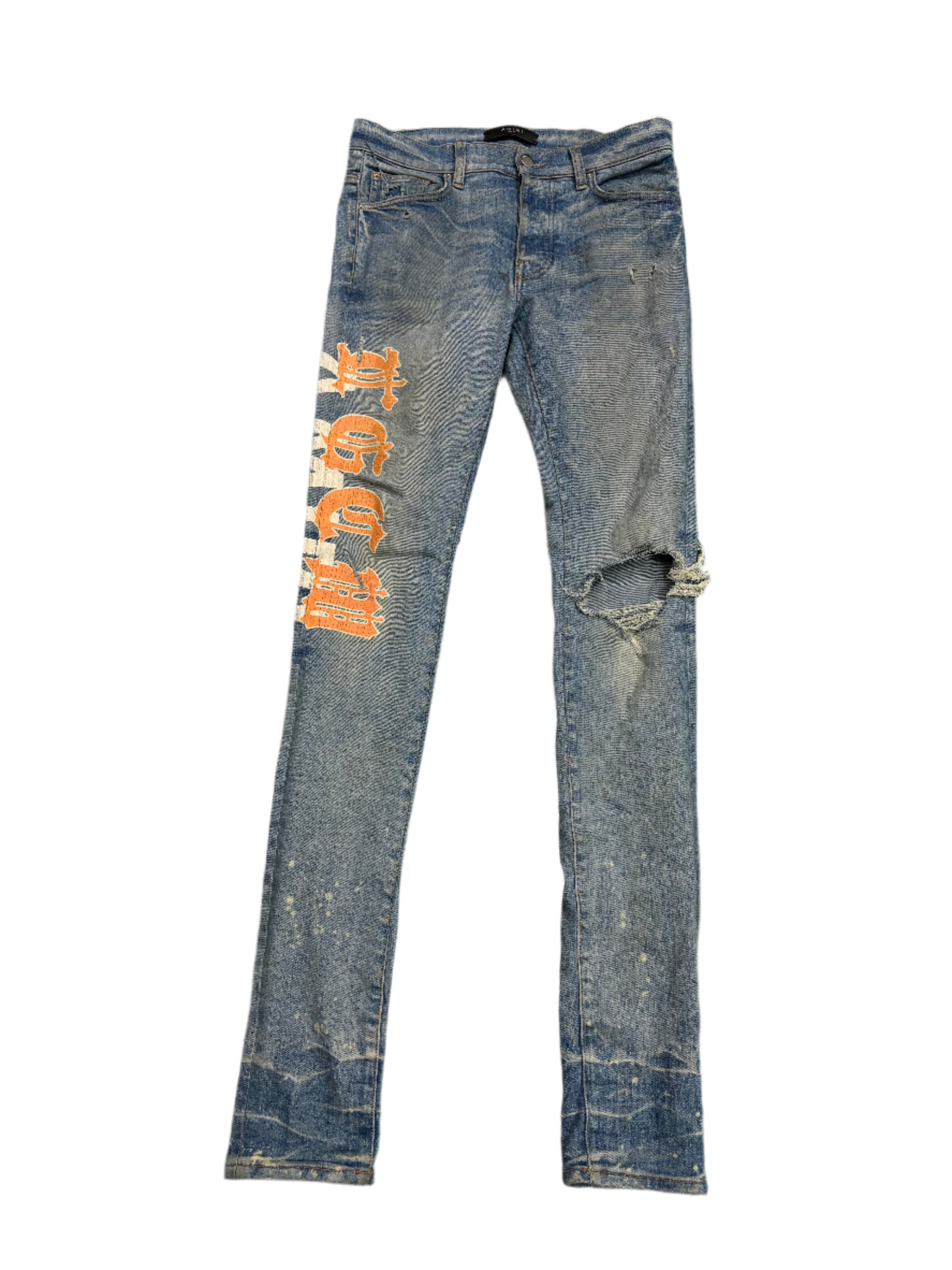 Amiri Orange Side Logo Light Wash Blue Jeans