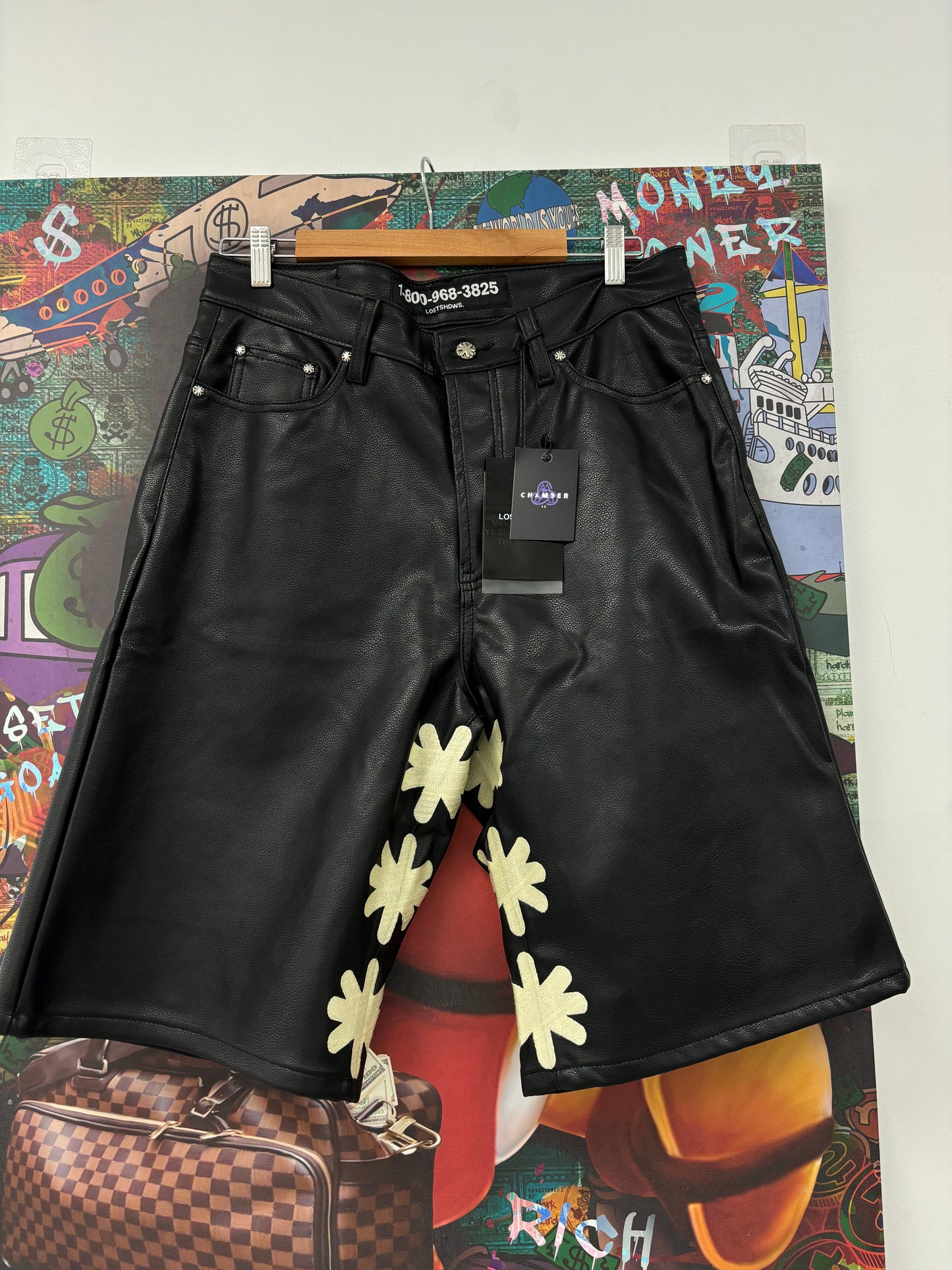 LOSTSHDWS Leather Sun Logo Shorts Black Bone