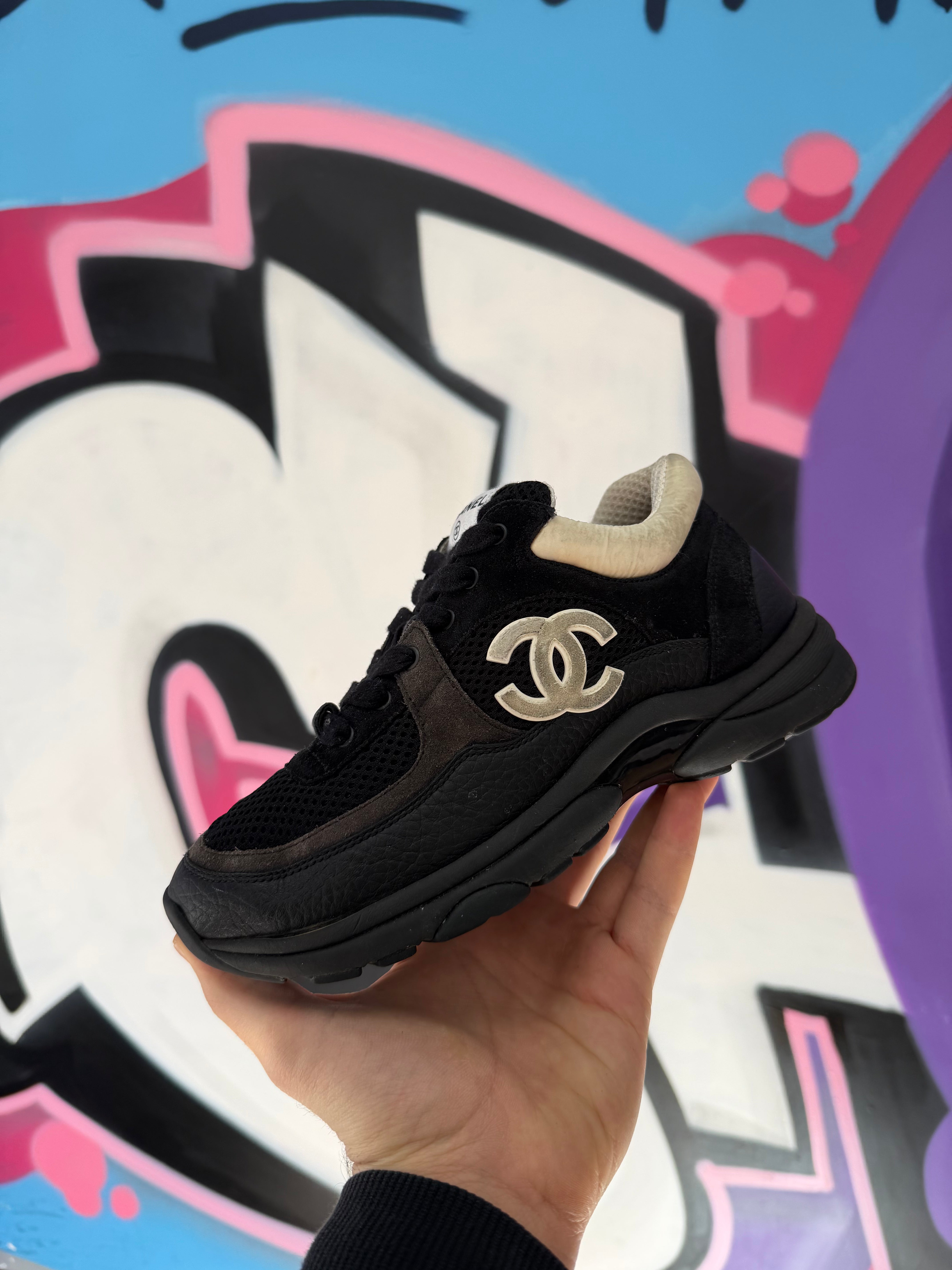 Chanel CC Black White Trainer Sneakers