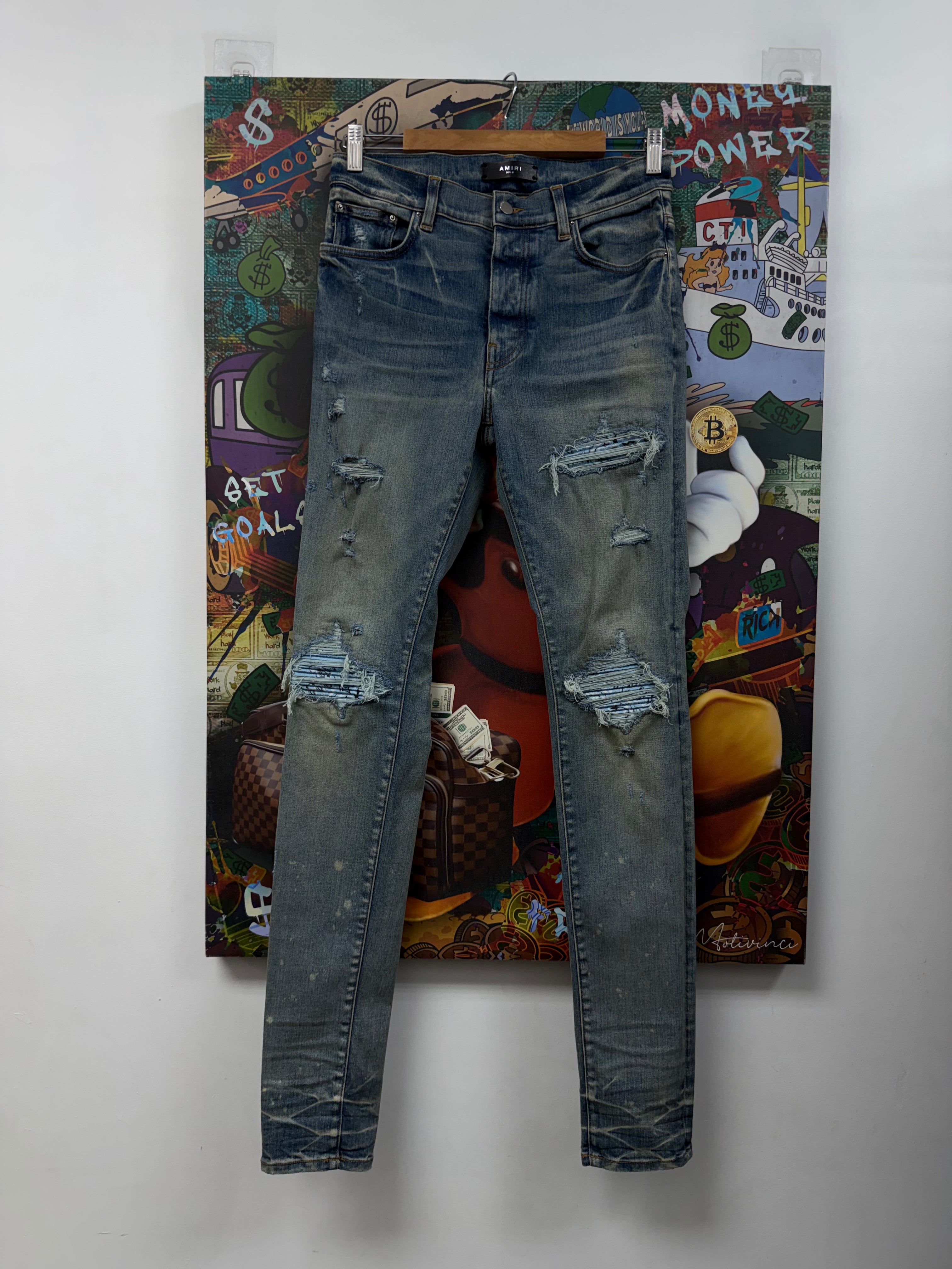 Amiri MX1 Vintage Wash Baby Blue Paisley Patch Jeans