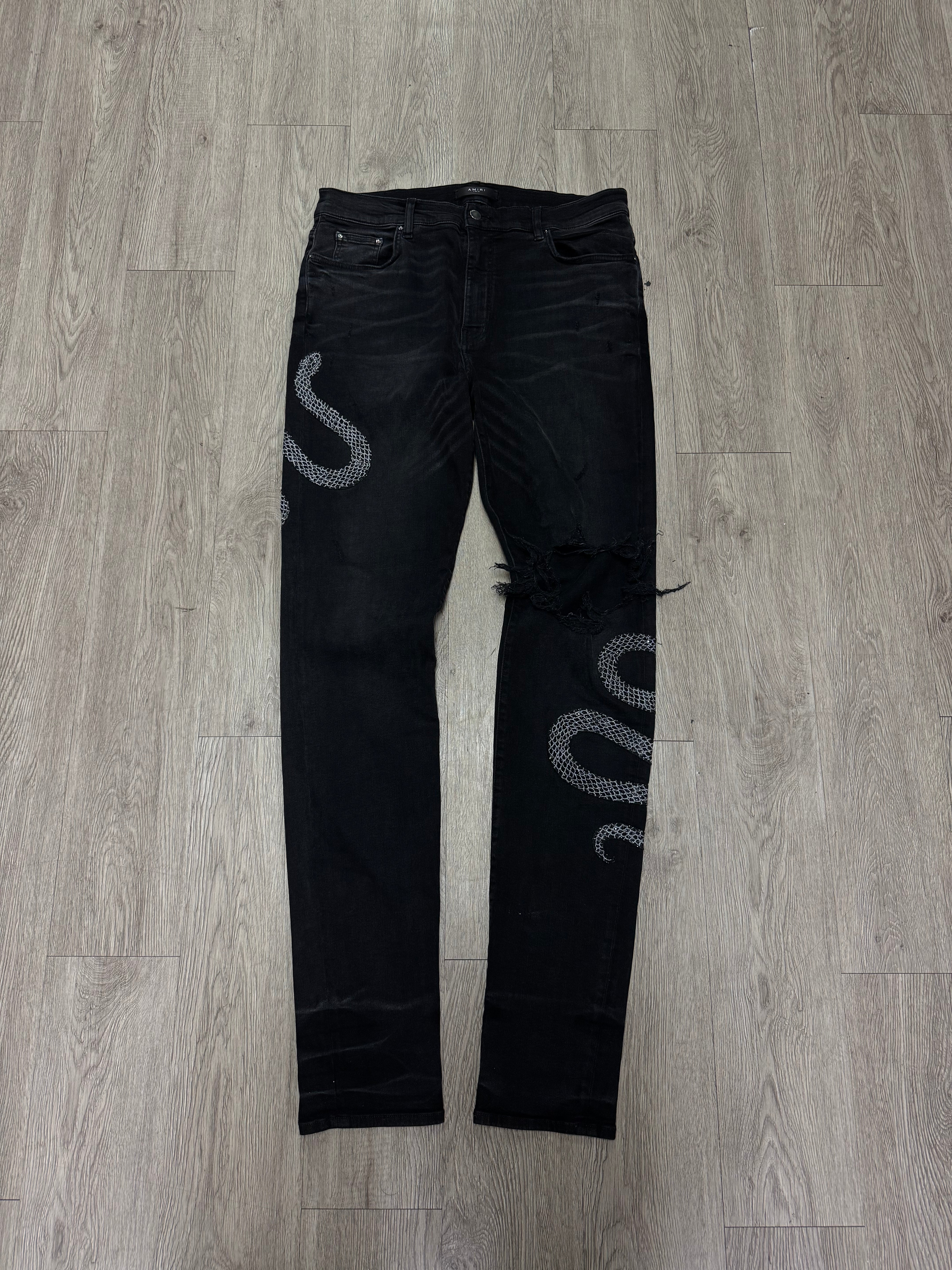 Amiri Black Wash Crystal Snake Jeans