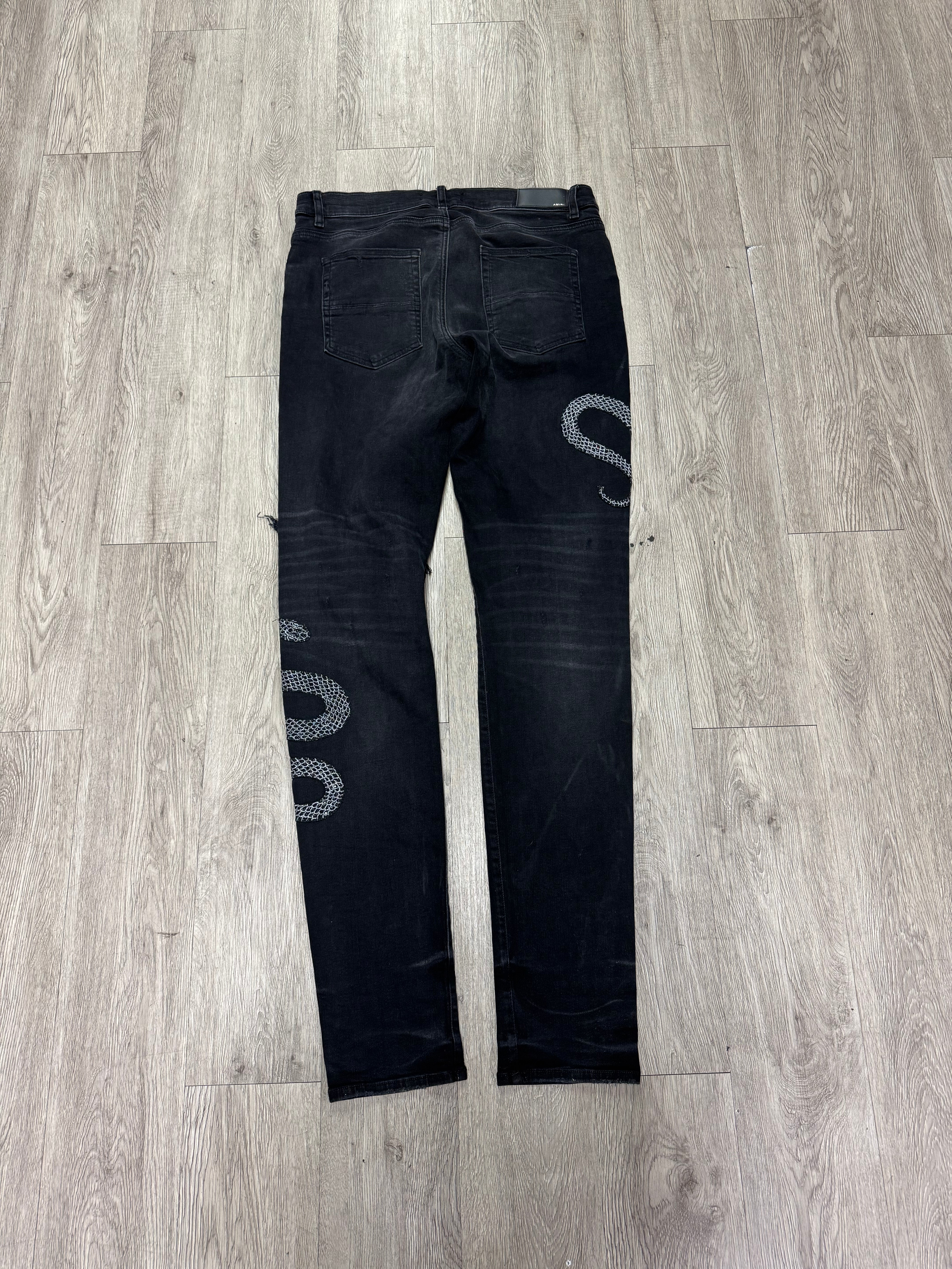 Amiri Black Wash Crystal Snake Jeans