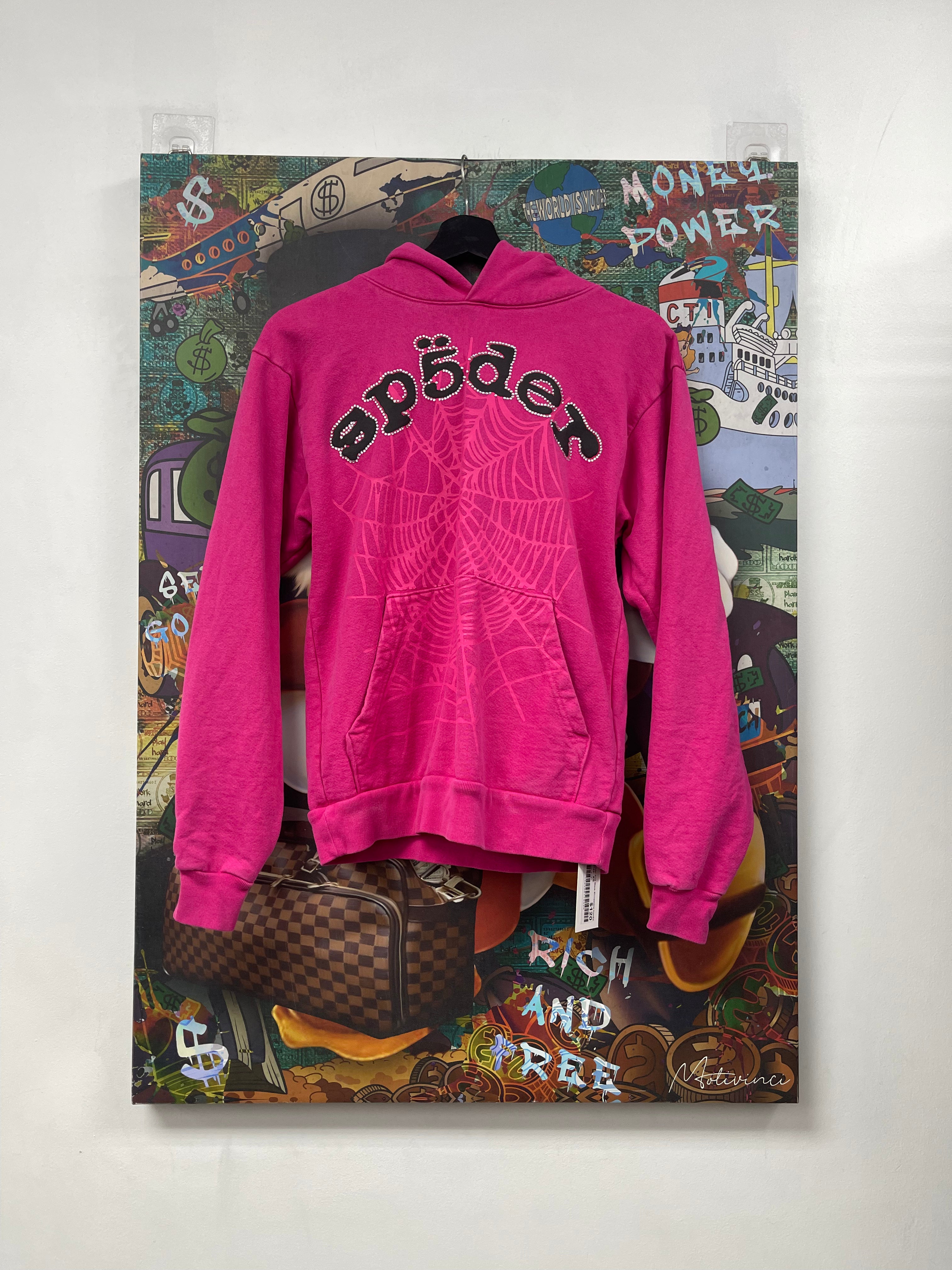 Sp5der Pink Black Rhinestone Hoodie