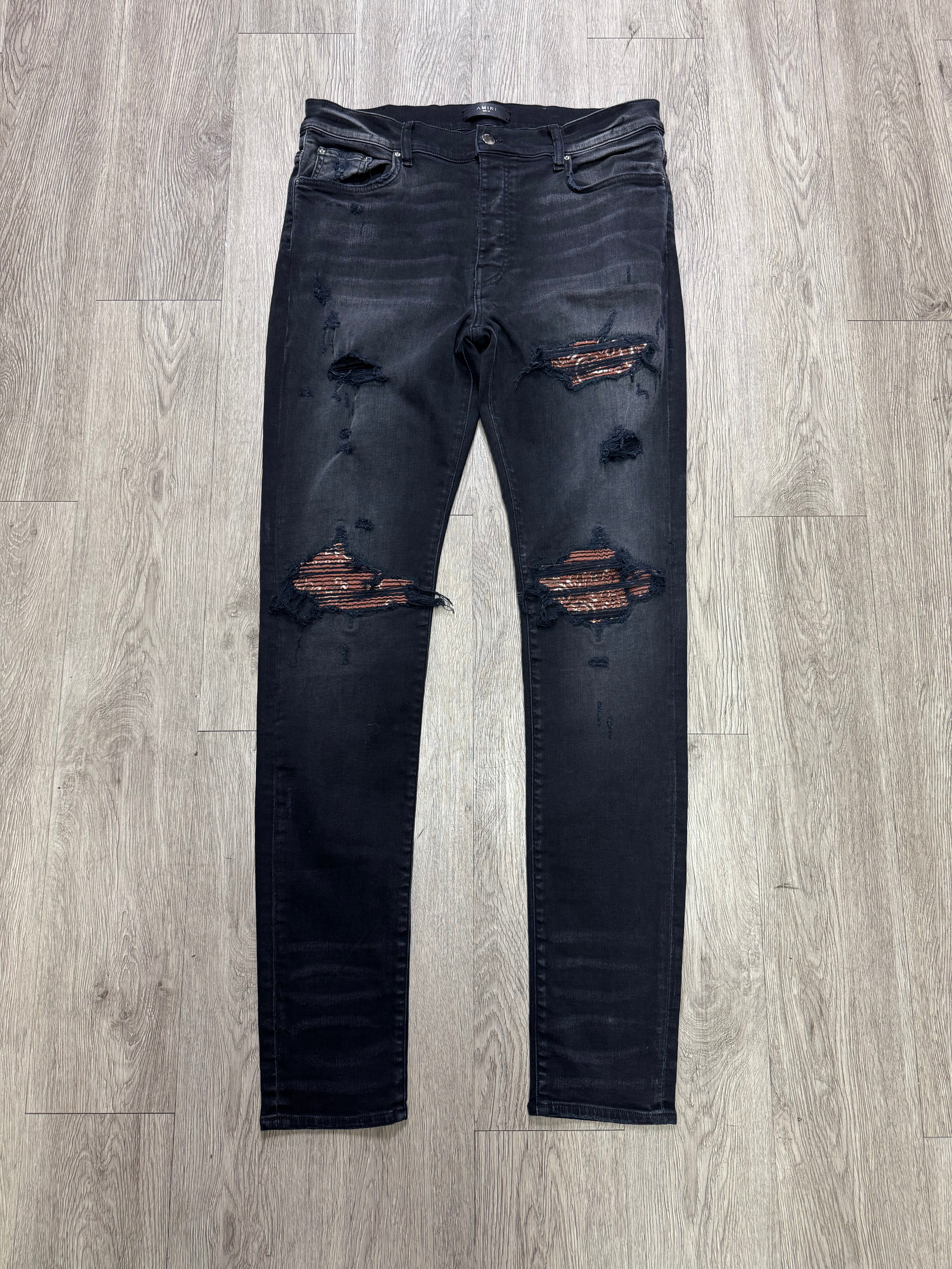 Amiri MX1 Black Wash Paisley Patch Jeans