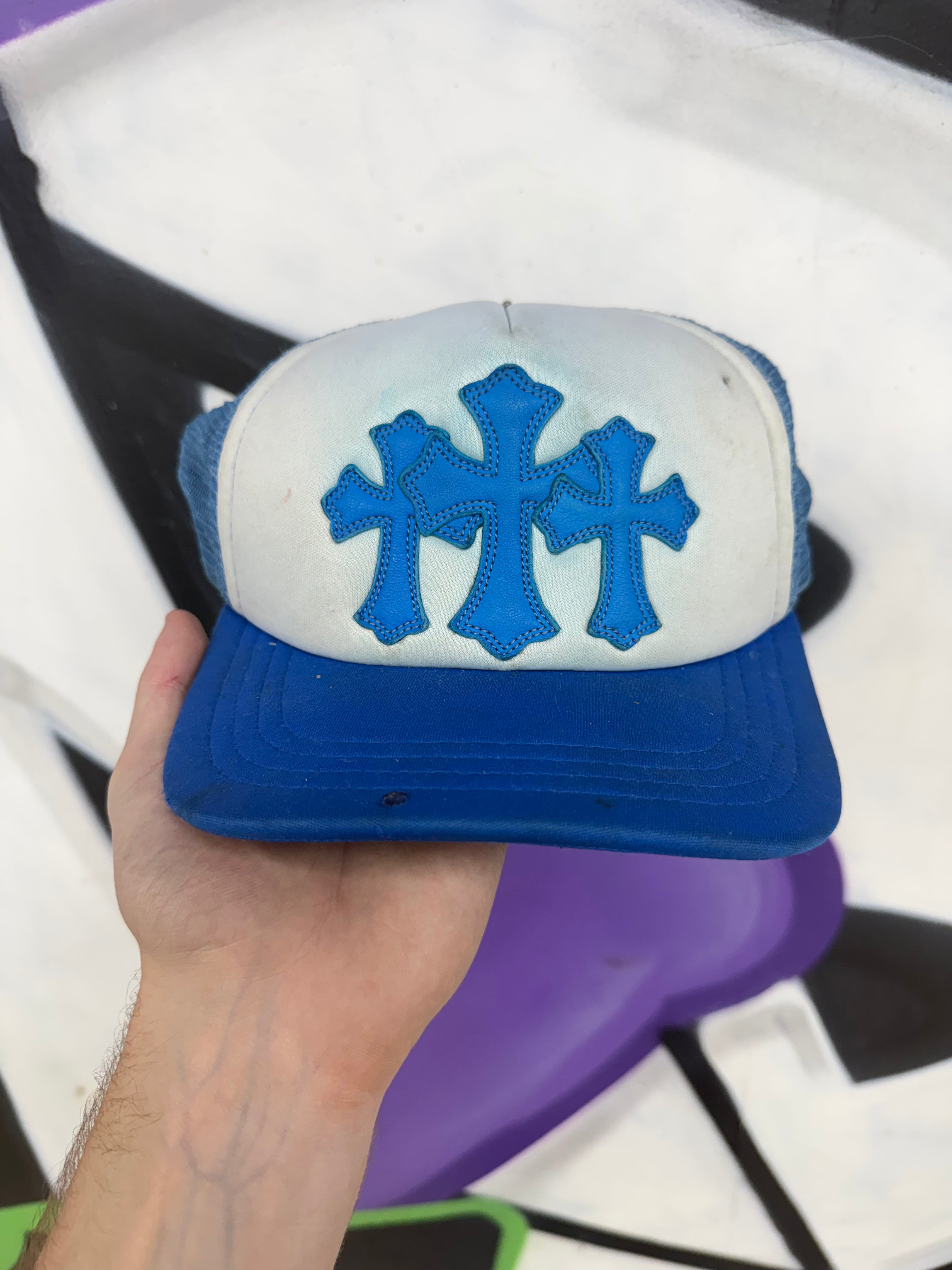 Chrome Hearts White Blue Cemetery Trucker Hat