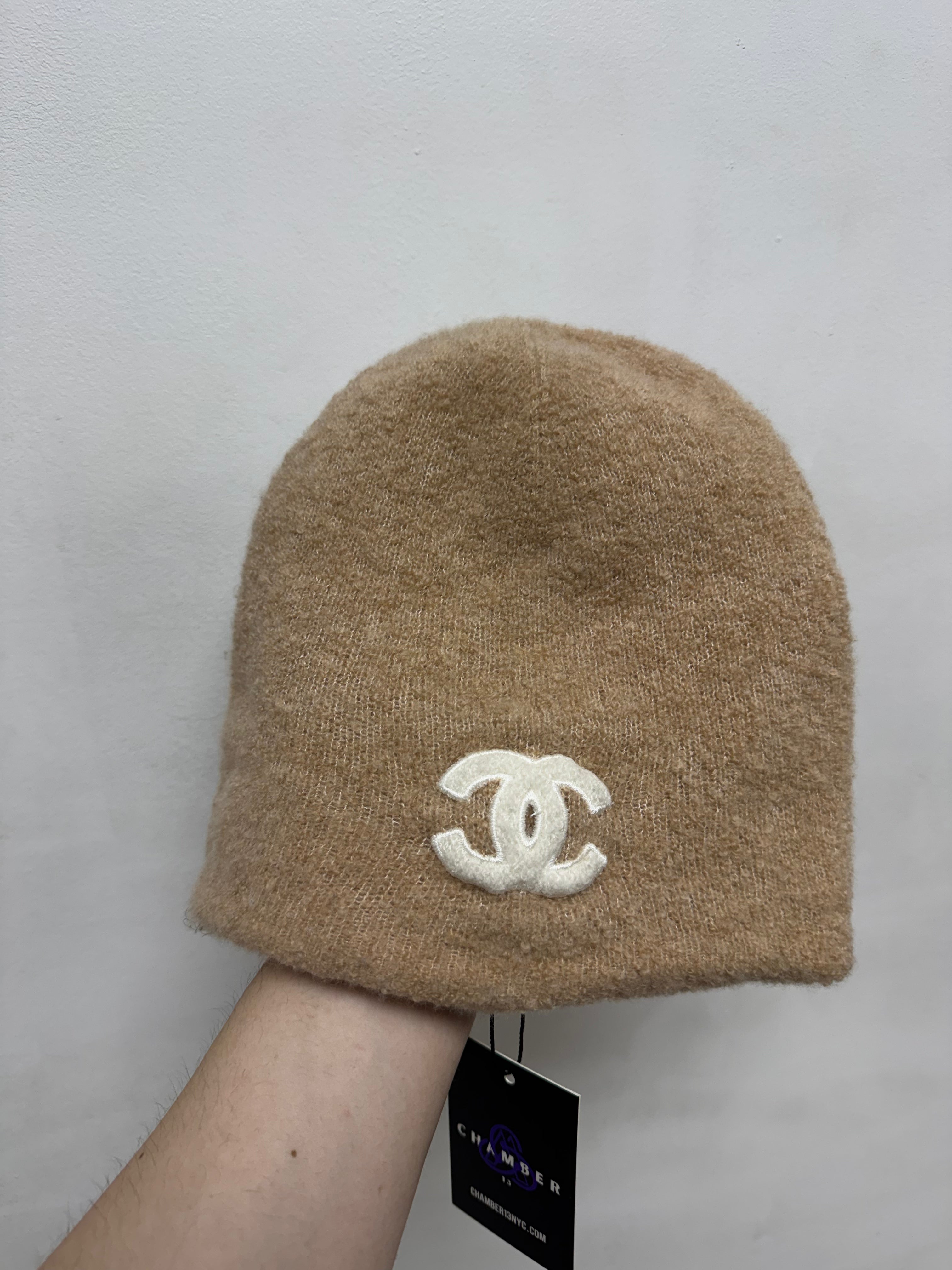 Chanel Tan White CC Cashmere Beanie