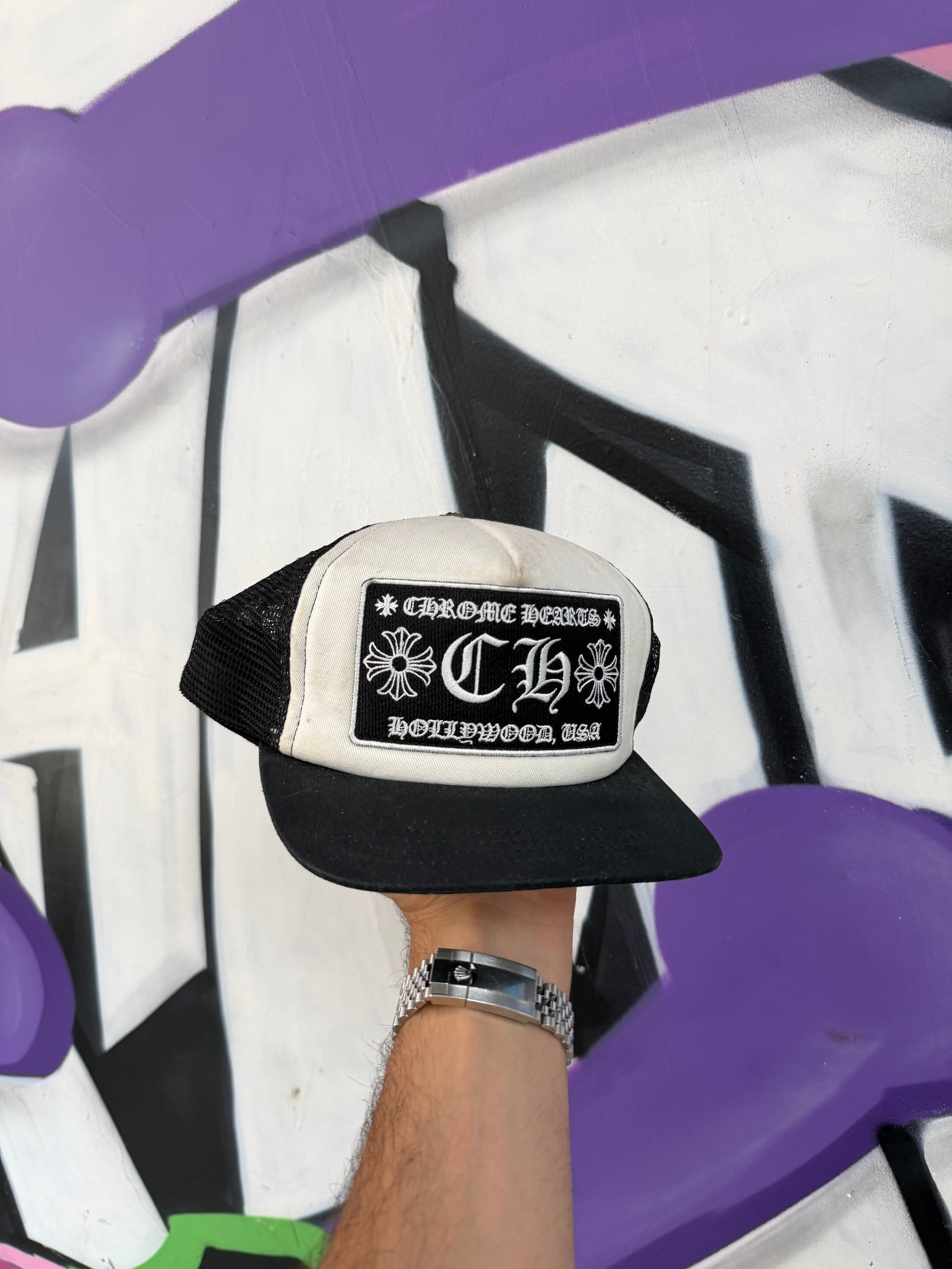 Chrome Hearts White Black CH Hollywood Trucker Hat