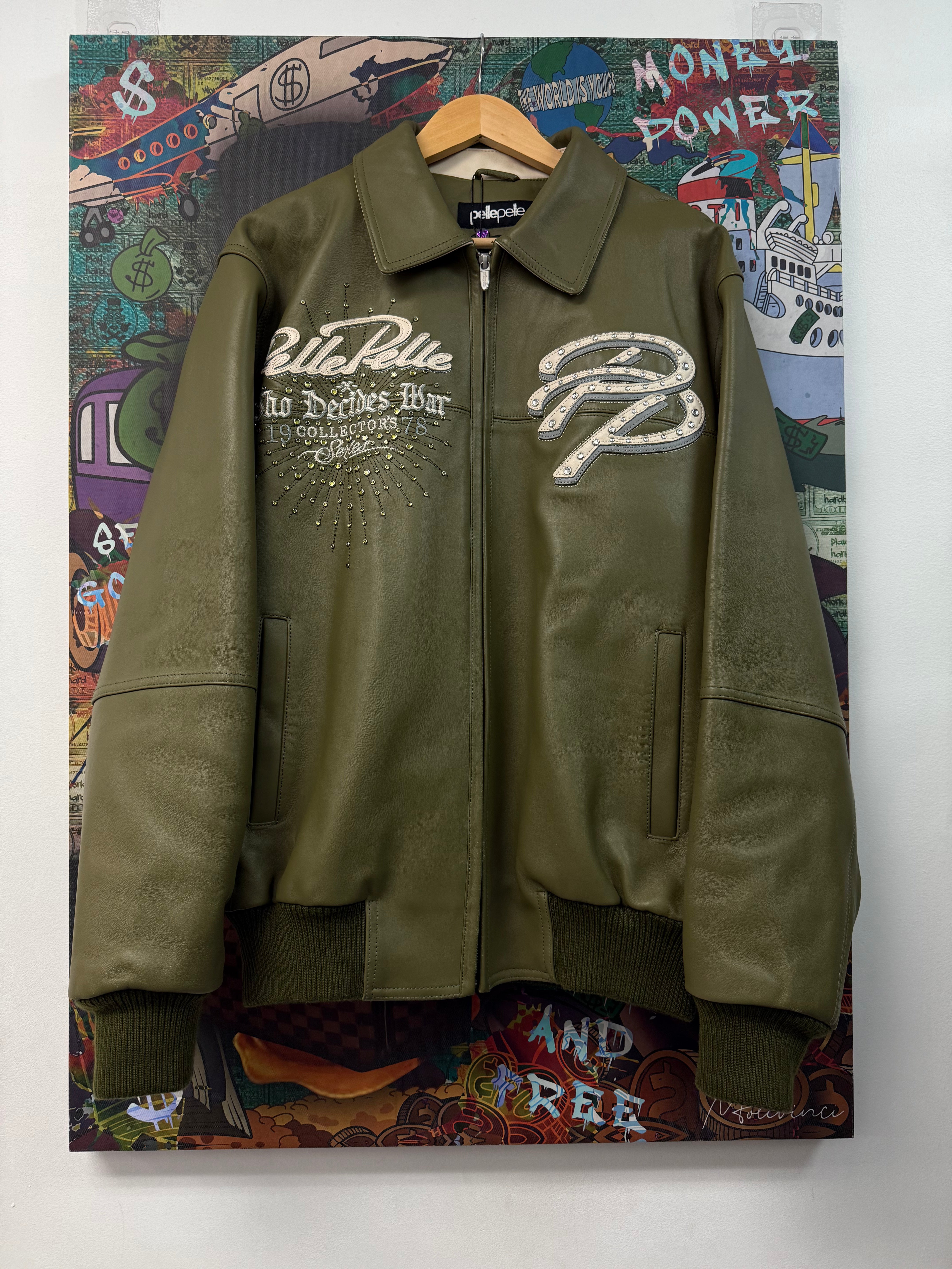 Pelle Pelle Who Decides War Olive Varsity Jacket