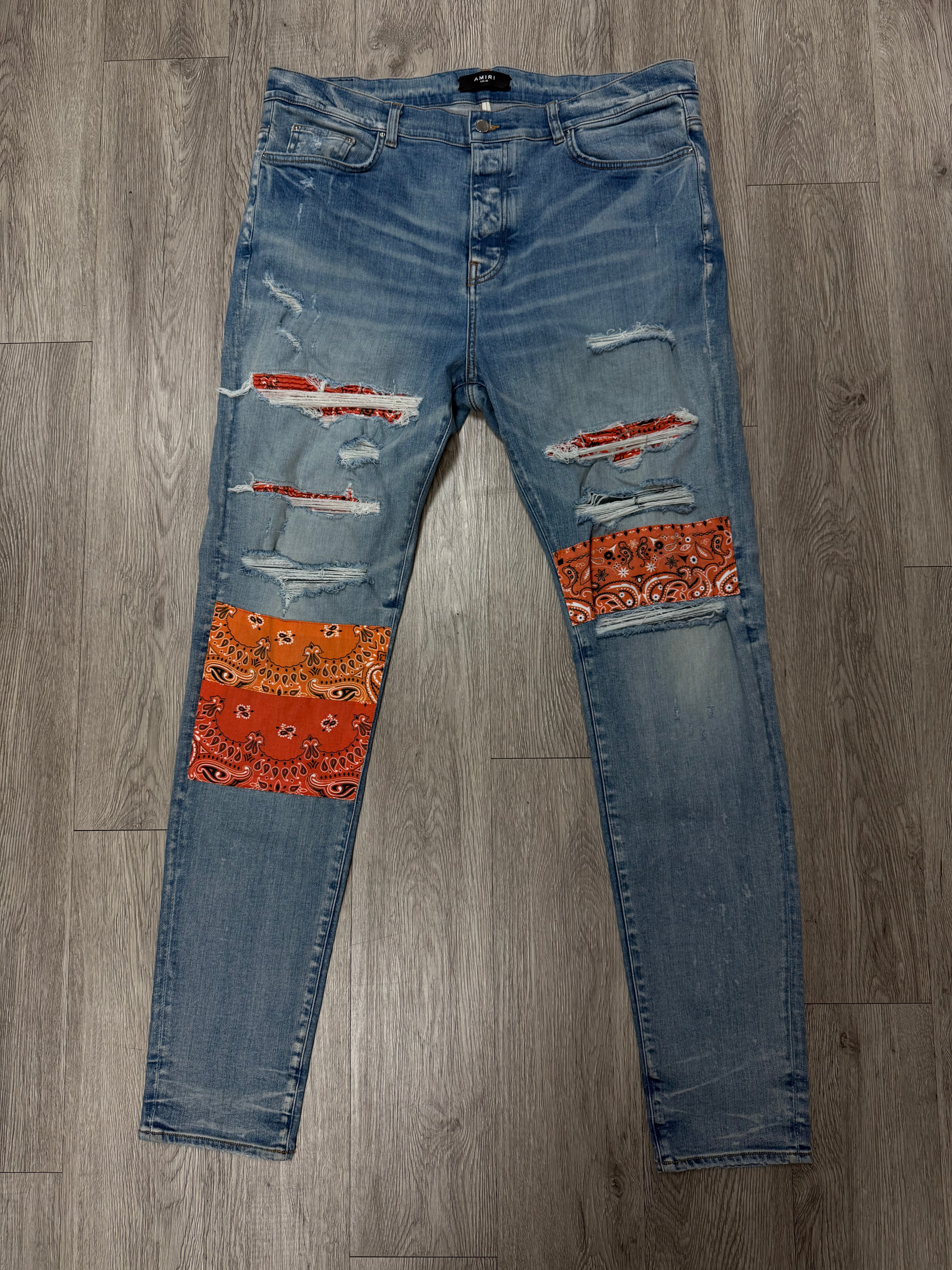 Amiri Light Wash Orange Paisley Patchwork Jeans